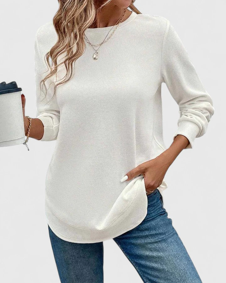 Women's Ribbed Knit Long Sleeve Top with Round Neck