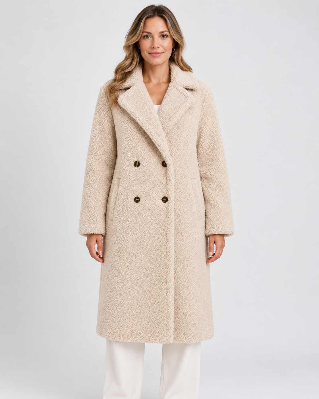 Women's Longline Teddy Fleece Coat with Double Breasted Front
