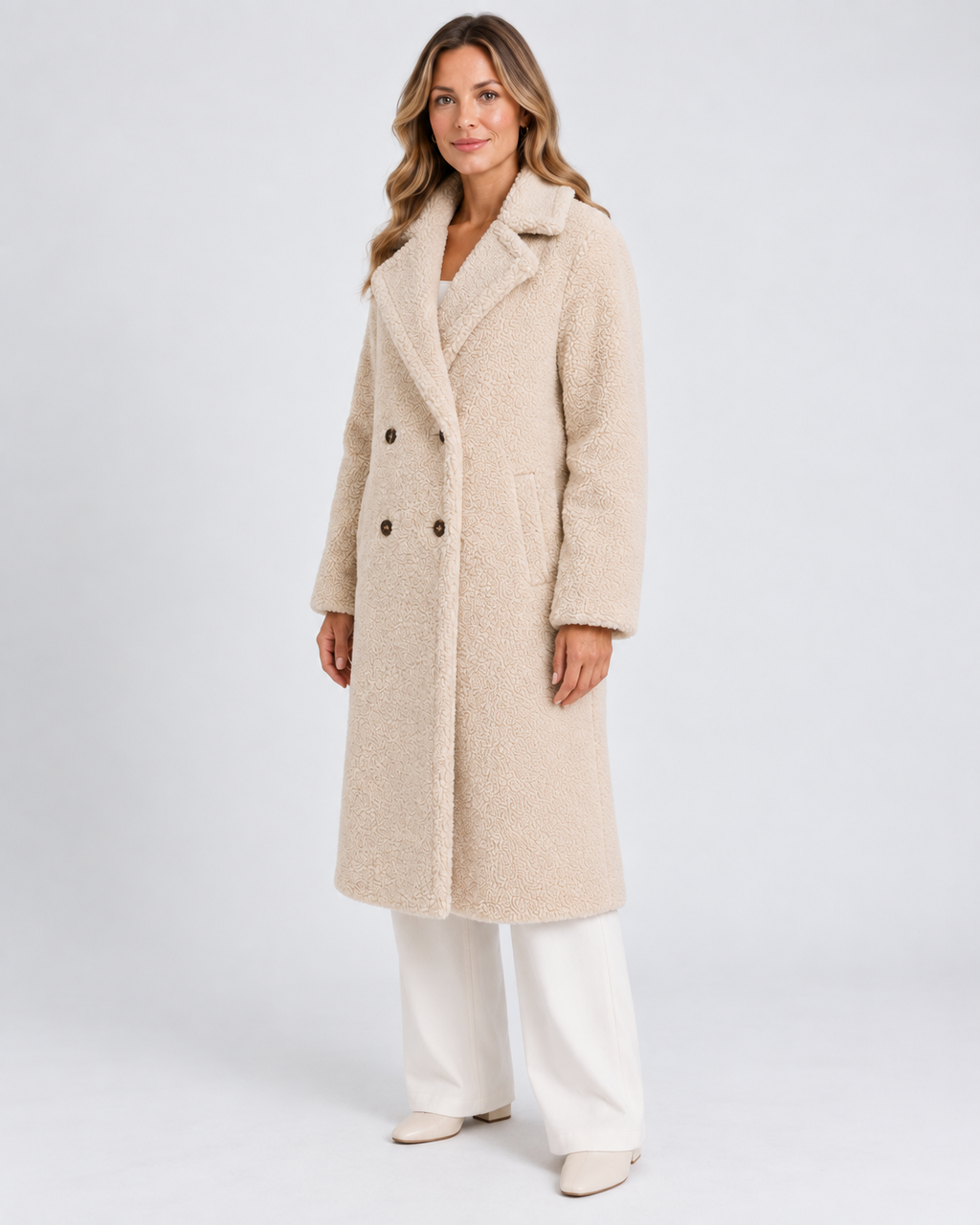 Women's Longline Teddy Fleece Coat with Double Breasted Front