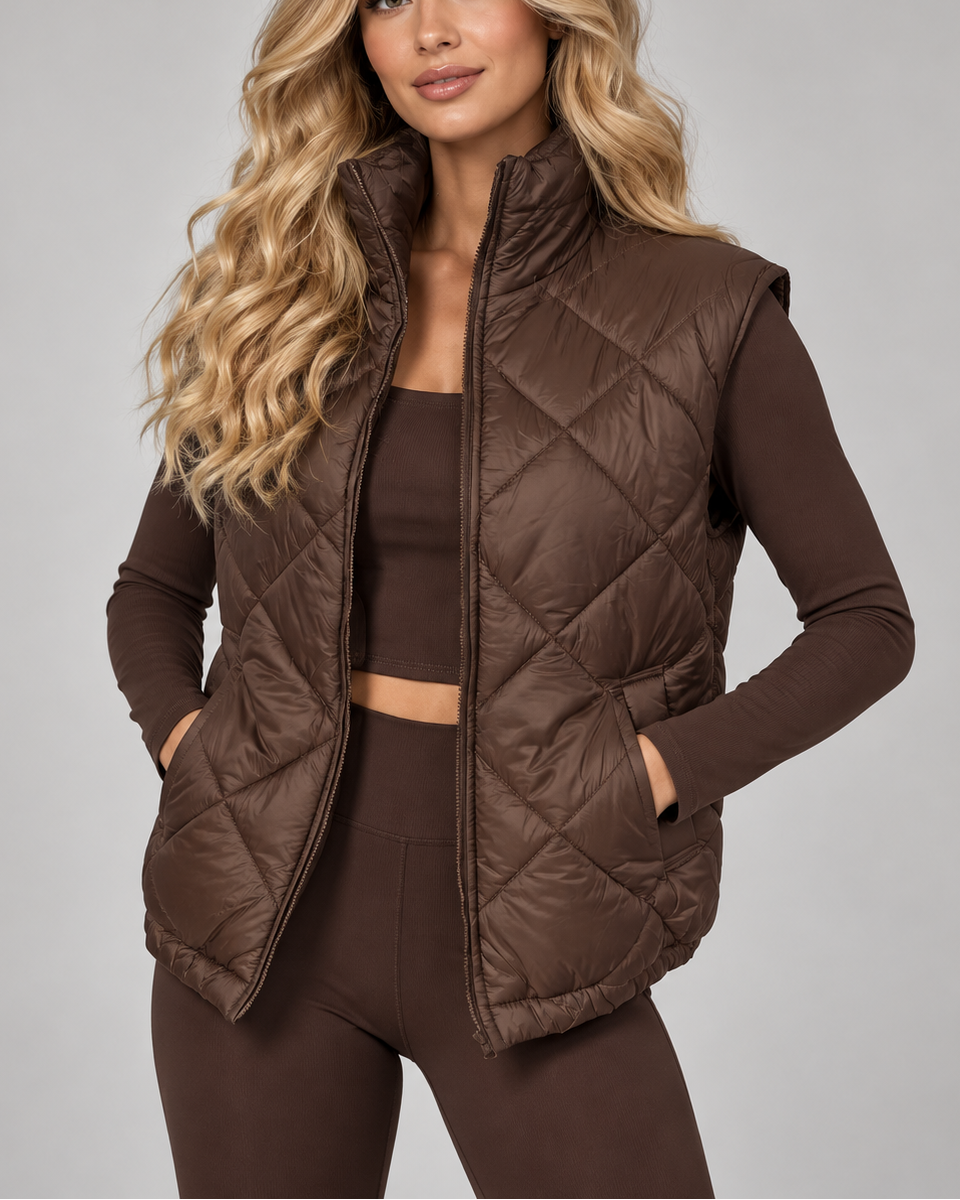 Women's Quilted Puffer Gilet with High Collar and Zip Front