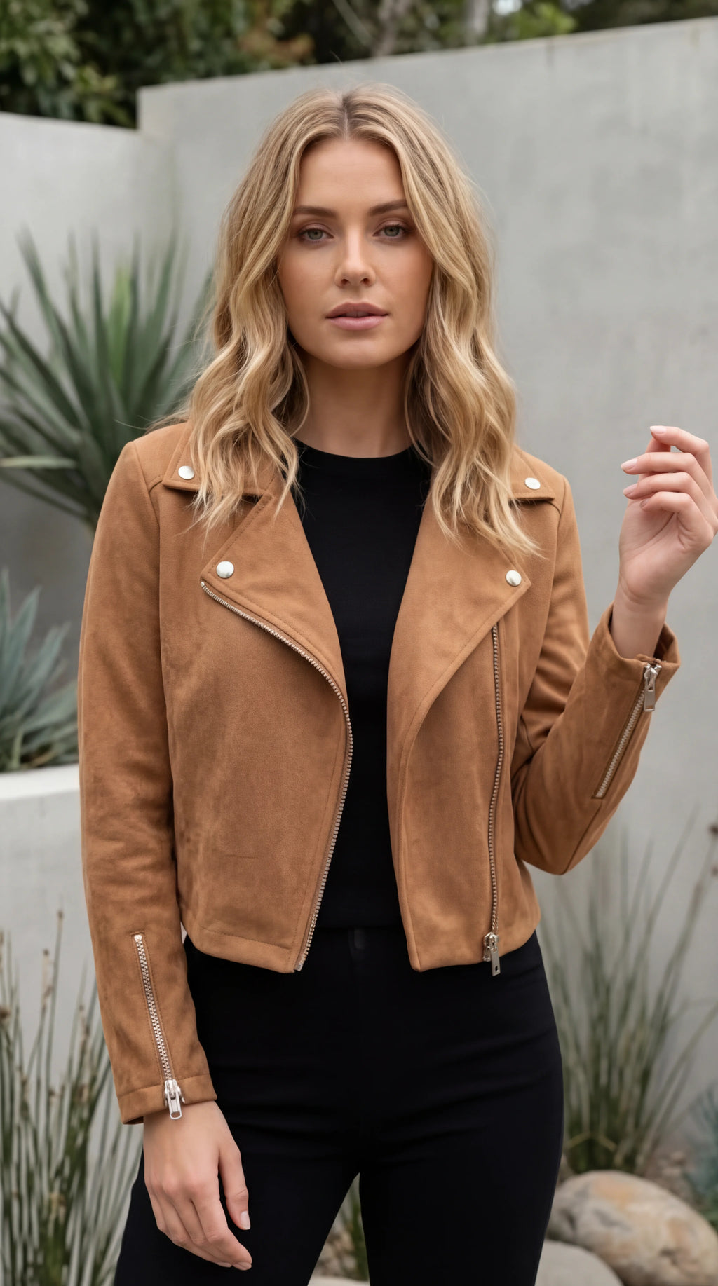 Women’s Suede Look Zip Front Cropped Biker Jacket