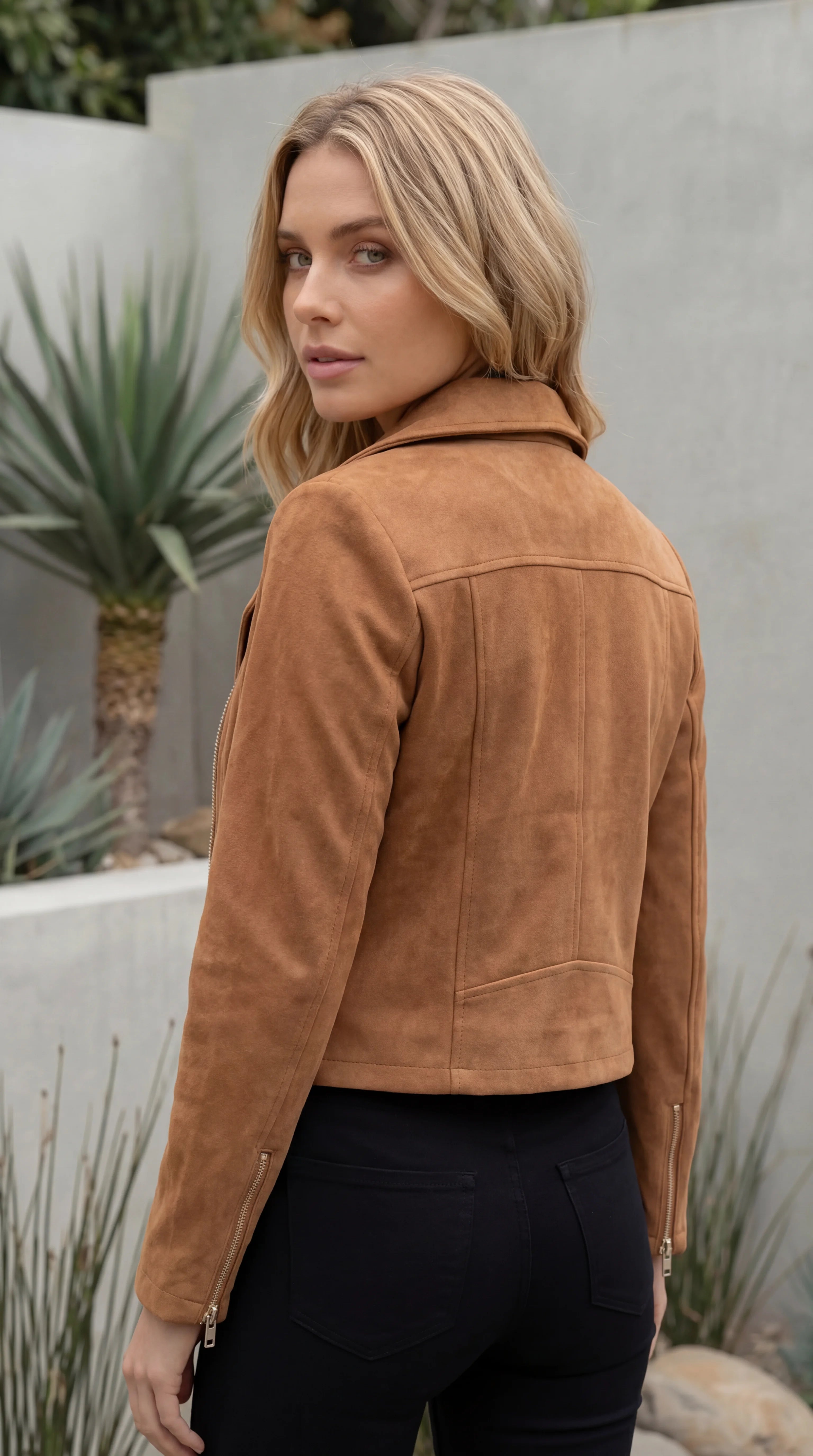 Women’s Suede Look Zip Front Cropped Biker Jacket