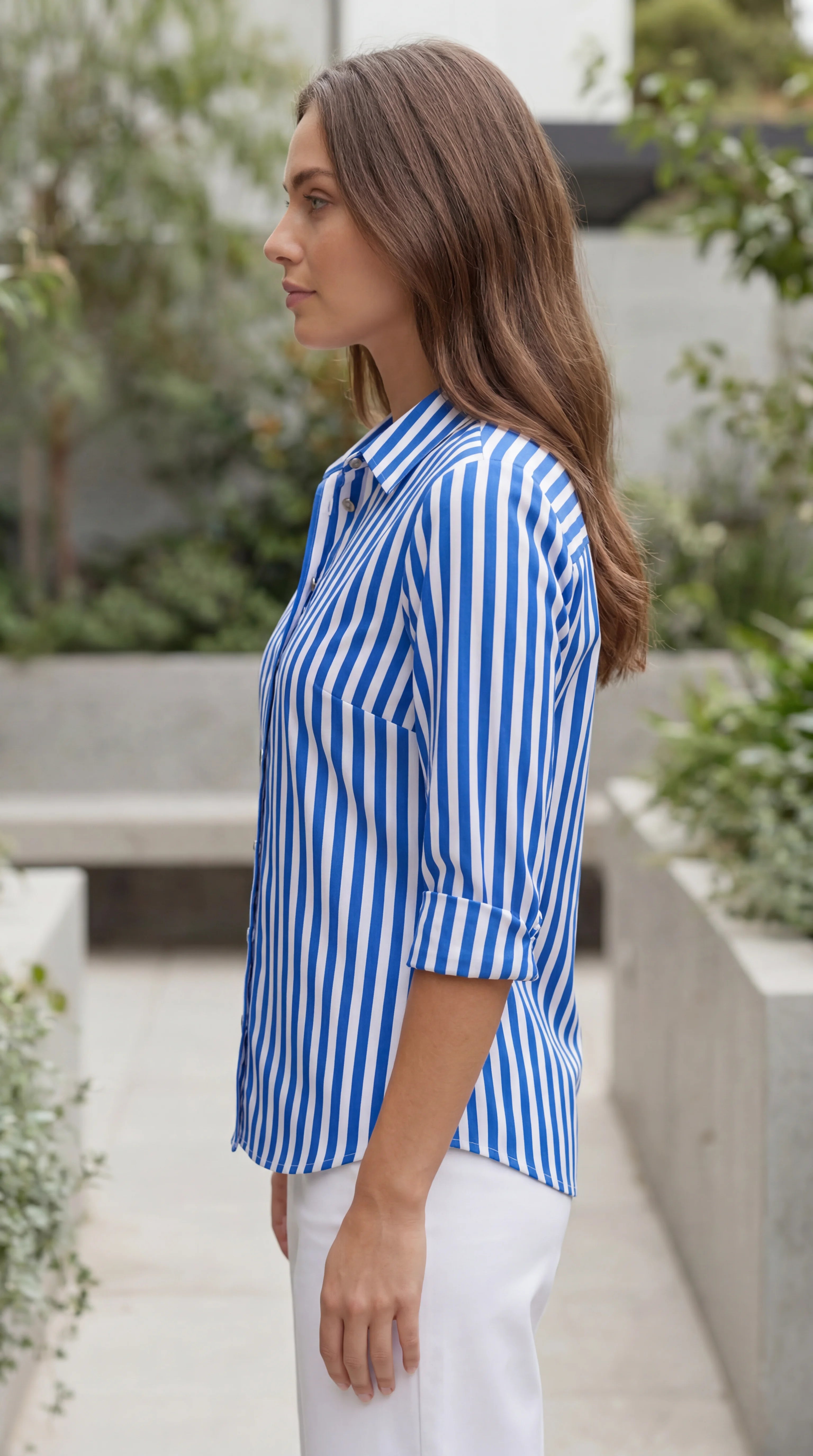 Women's Collared Long Sleeve Striped Button-Up Shirt
