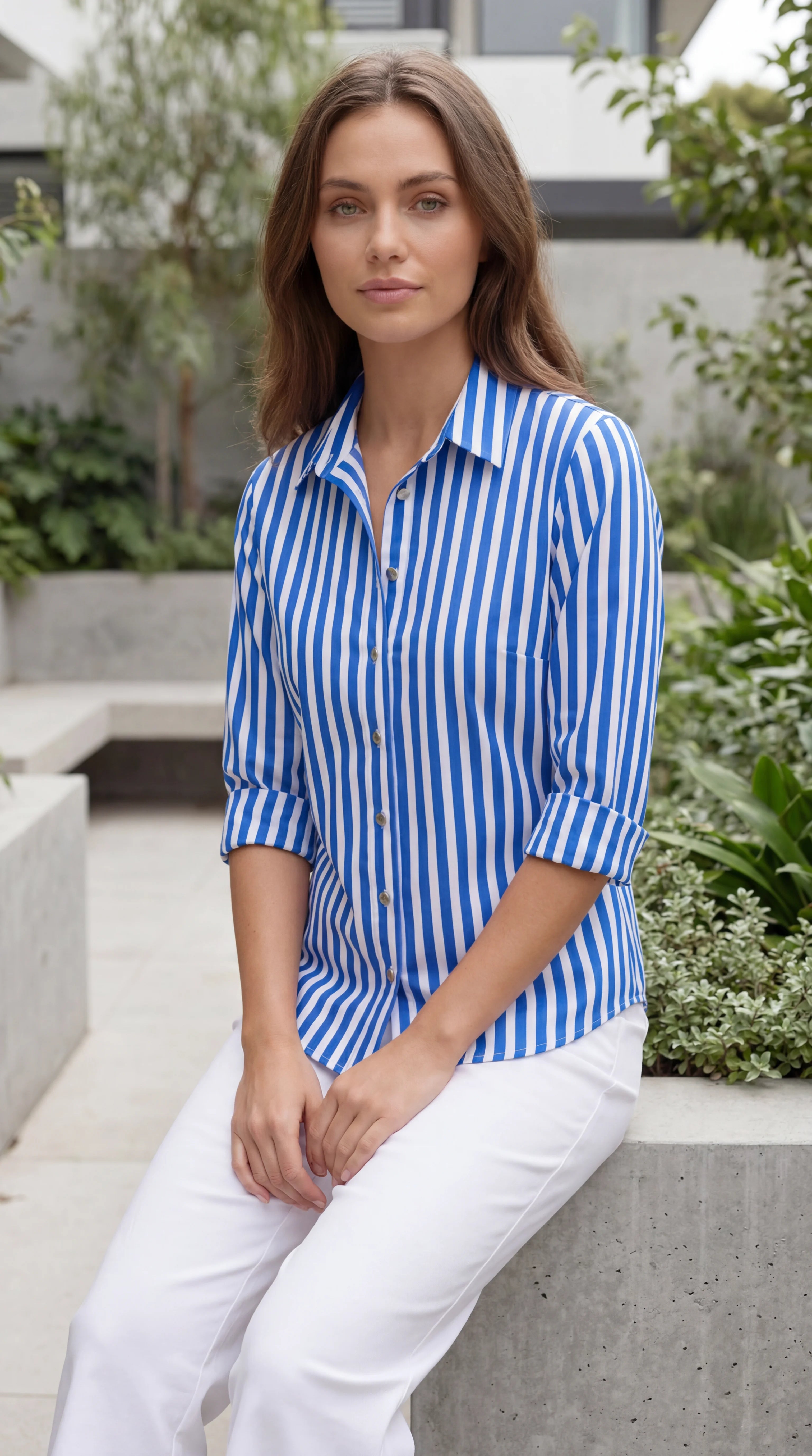 Women's Collared Long Sleeve Striped Button-Up Shirt
