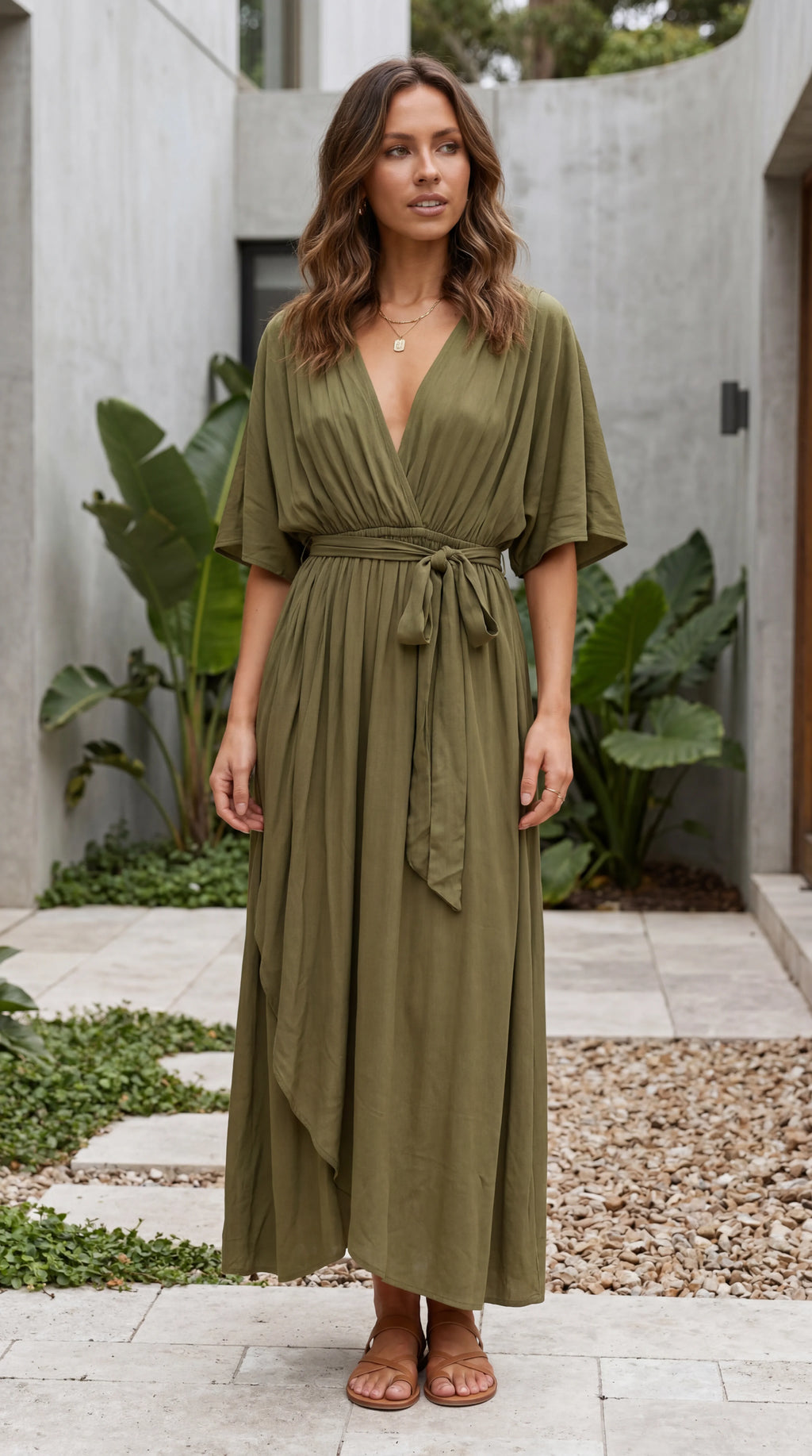 Women’s Flutter Sleeve V Neck Belted A Line Hi-Lo Midi Dress