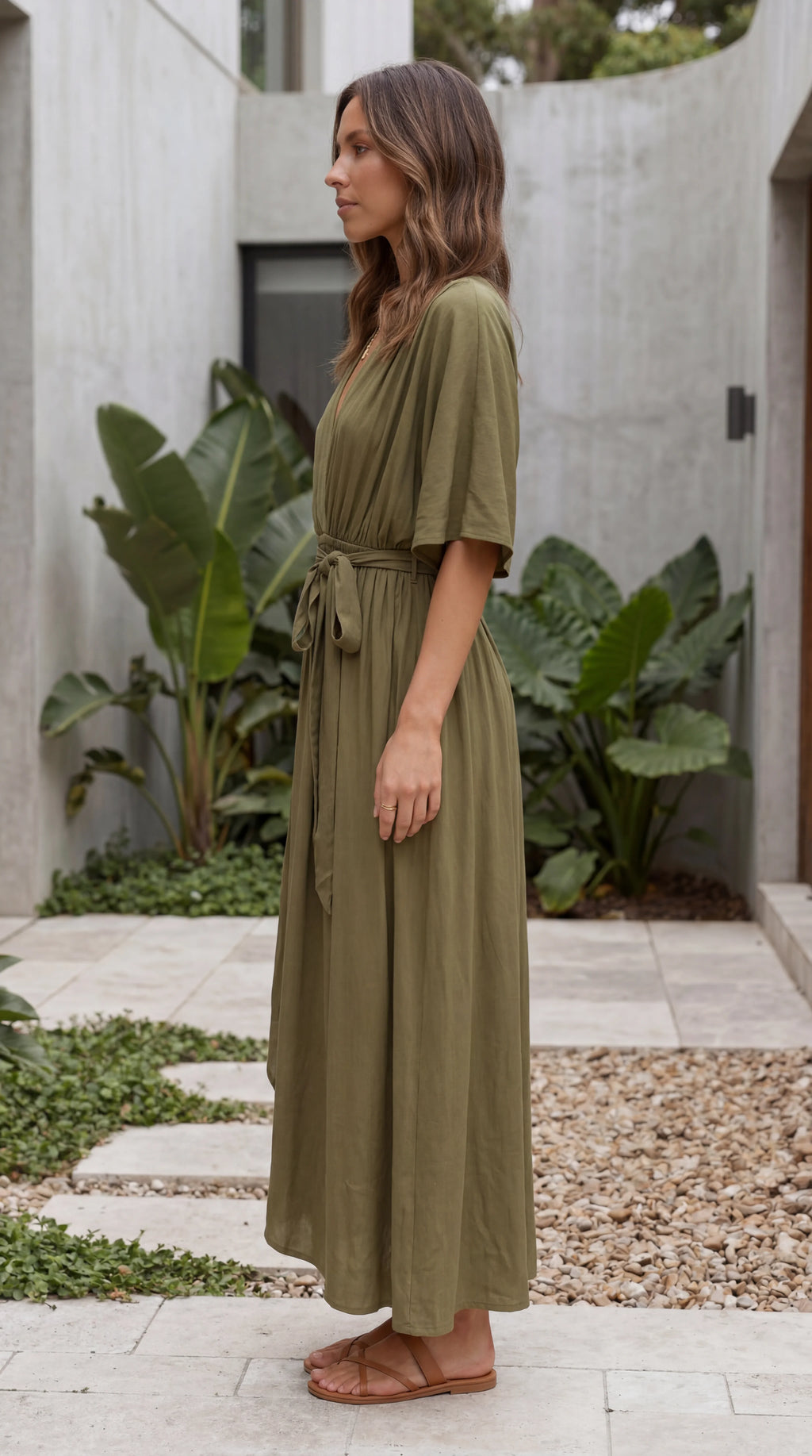 Women’s Flutter Sleeve V Neck Belted A Line Hi-Lo Midi Dress
