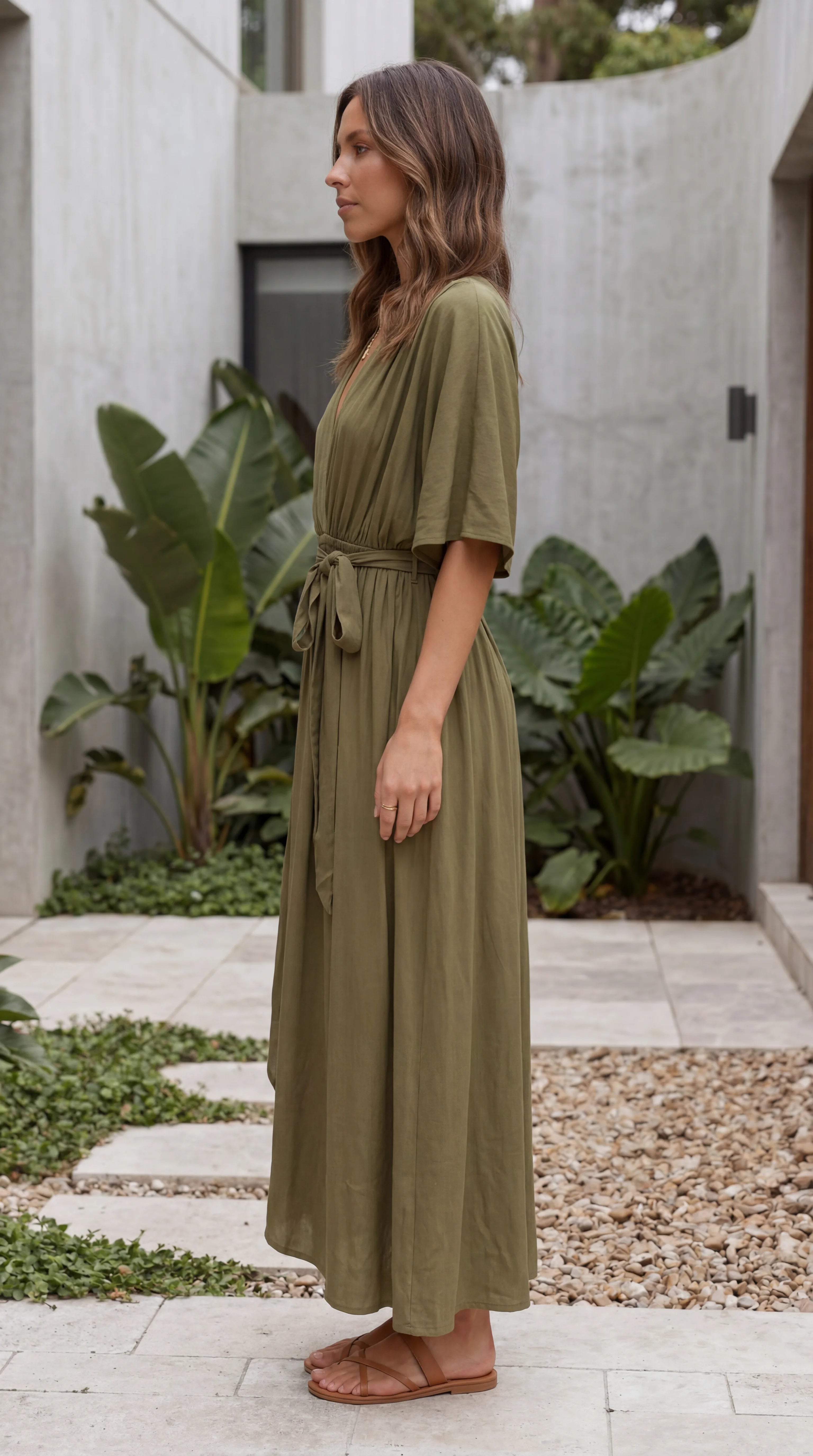 Women’s Flutter Sleeve V Neck Belted A Line Hi-Lo Midi Dress