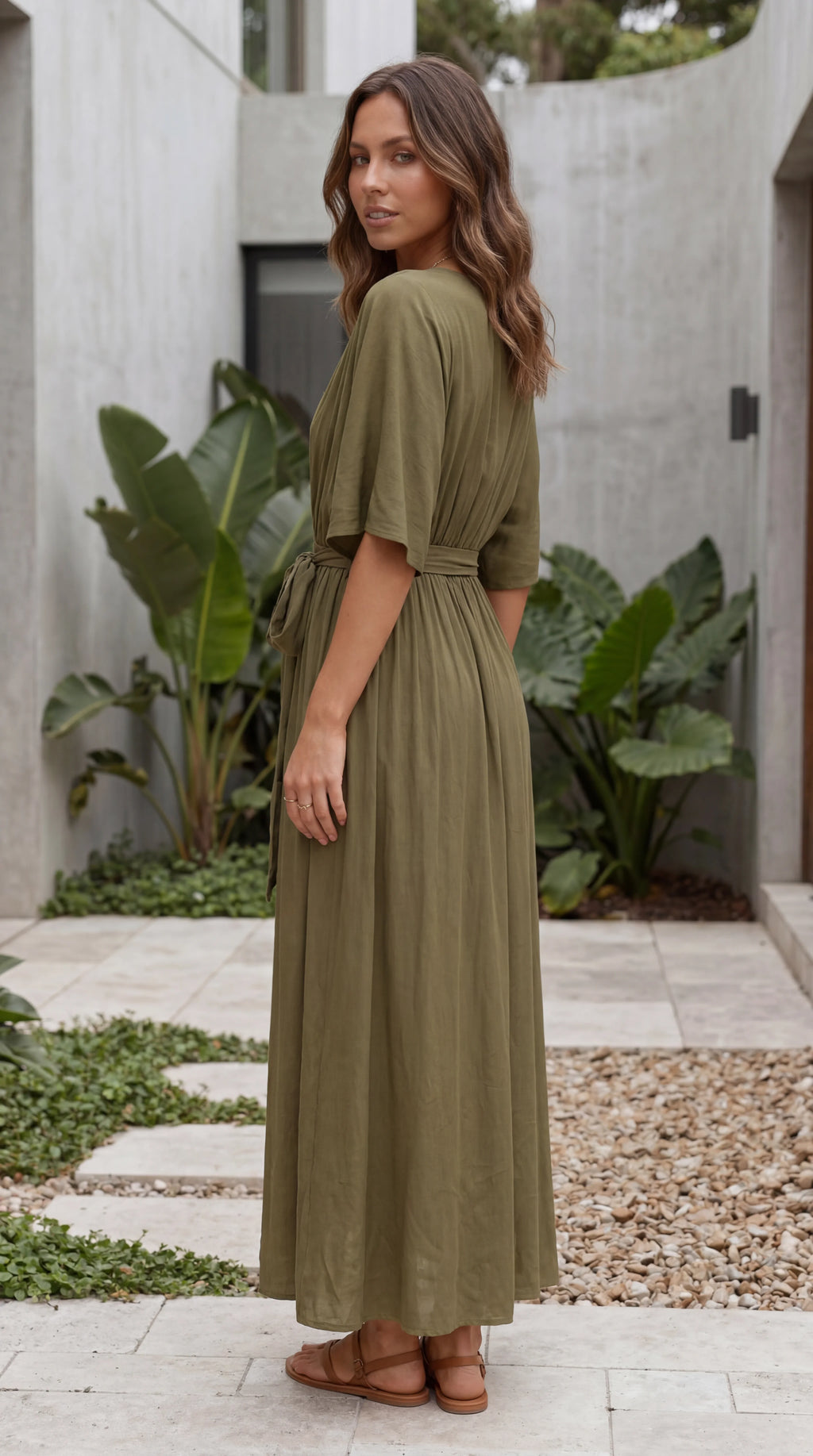 Women’s Flutter Sleeve V Neck Belted A Line Hi-Lo Midi Dress