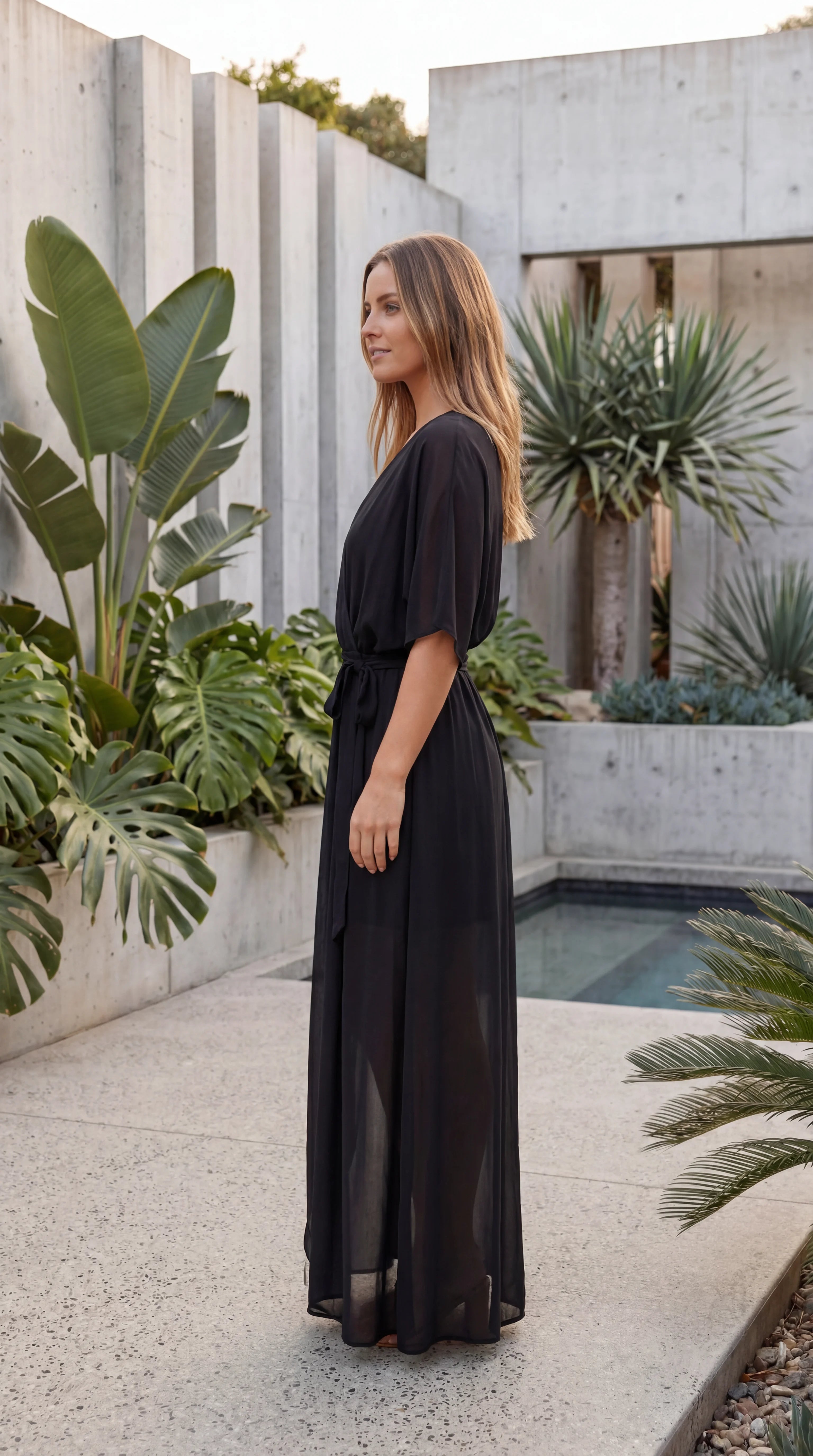Women’s Flutter Sleeve V Neck Belted A Line Hi-Lo Midi Dress
