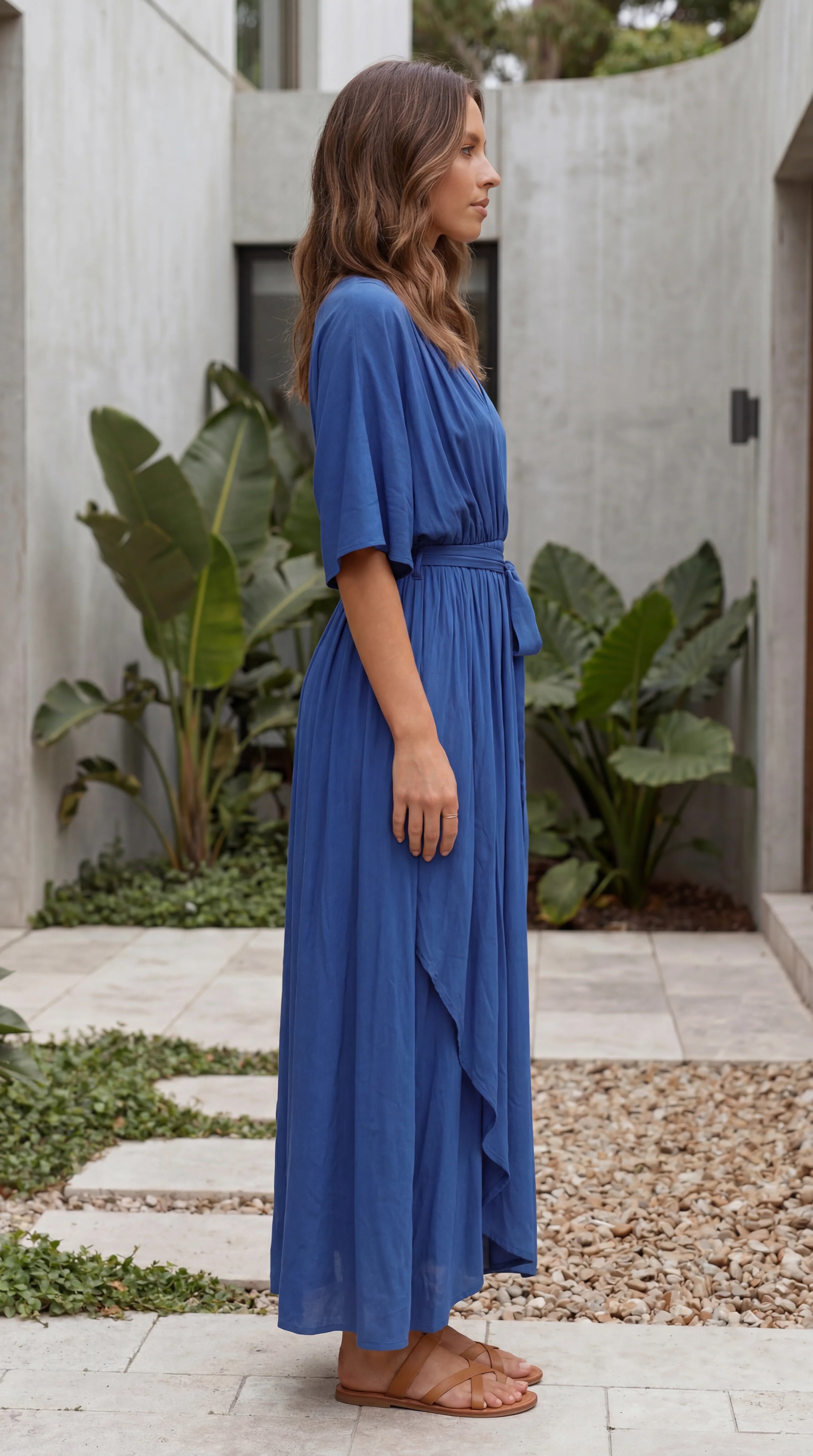 Women’s Flutter Sleeve V Neck Belted A Line Hi-Lo Midi Dress