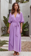 Women’s Flutter Sleeve V Neck Belted A Line Hi-Lo Midi Dress