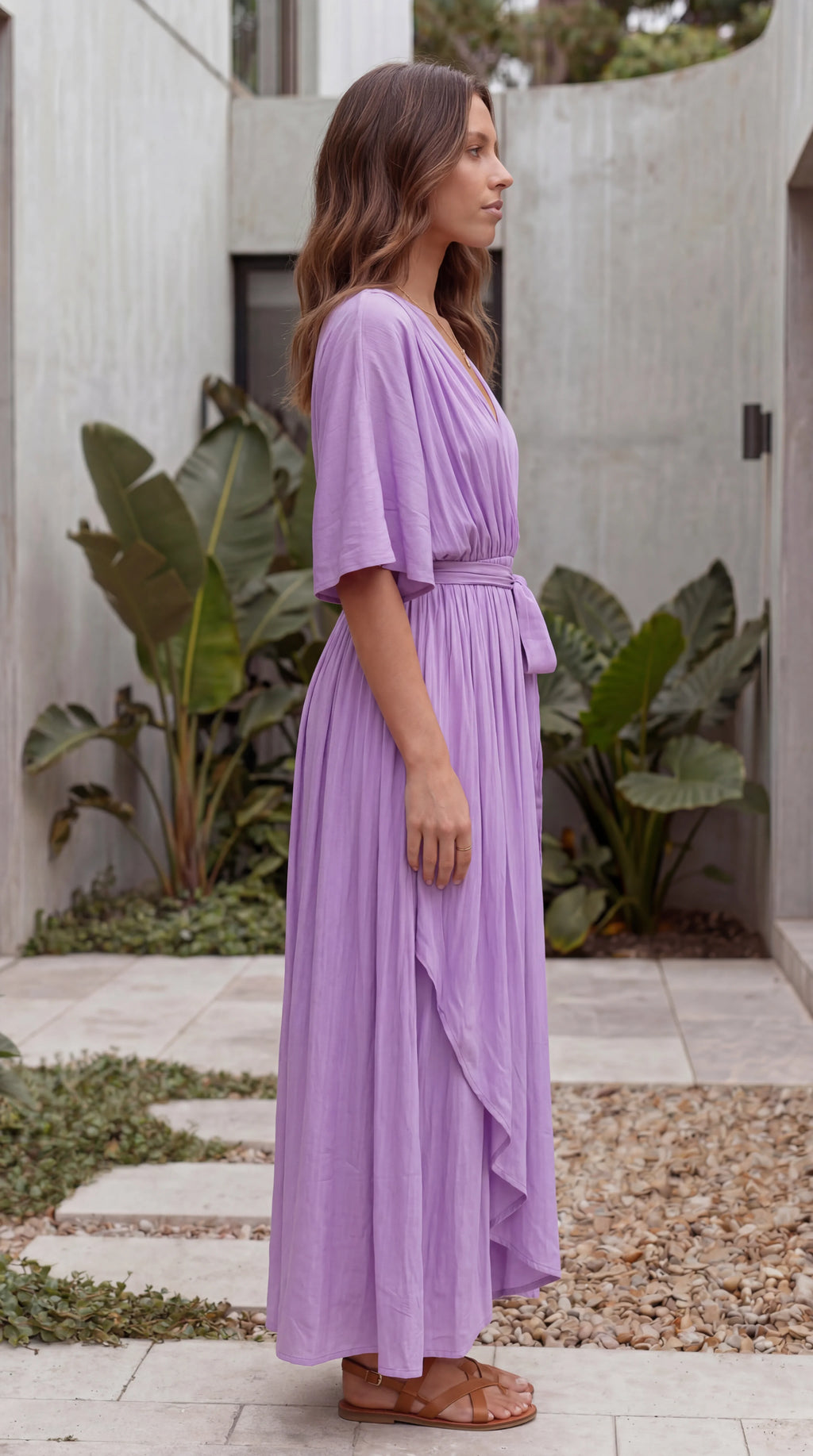 Women’s Flutter Sleeve V Neck Belted A Line Hi-Lo Midi Dress