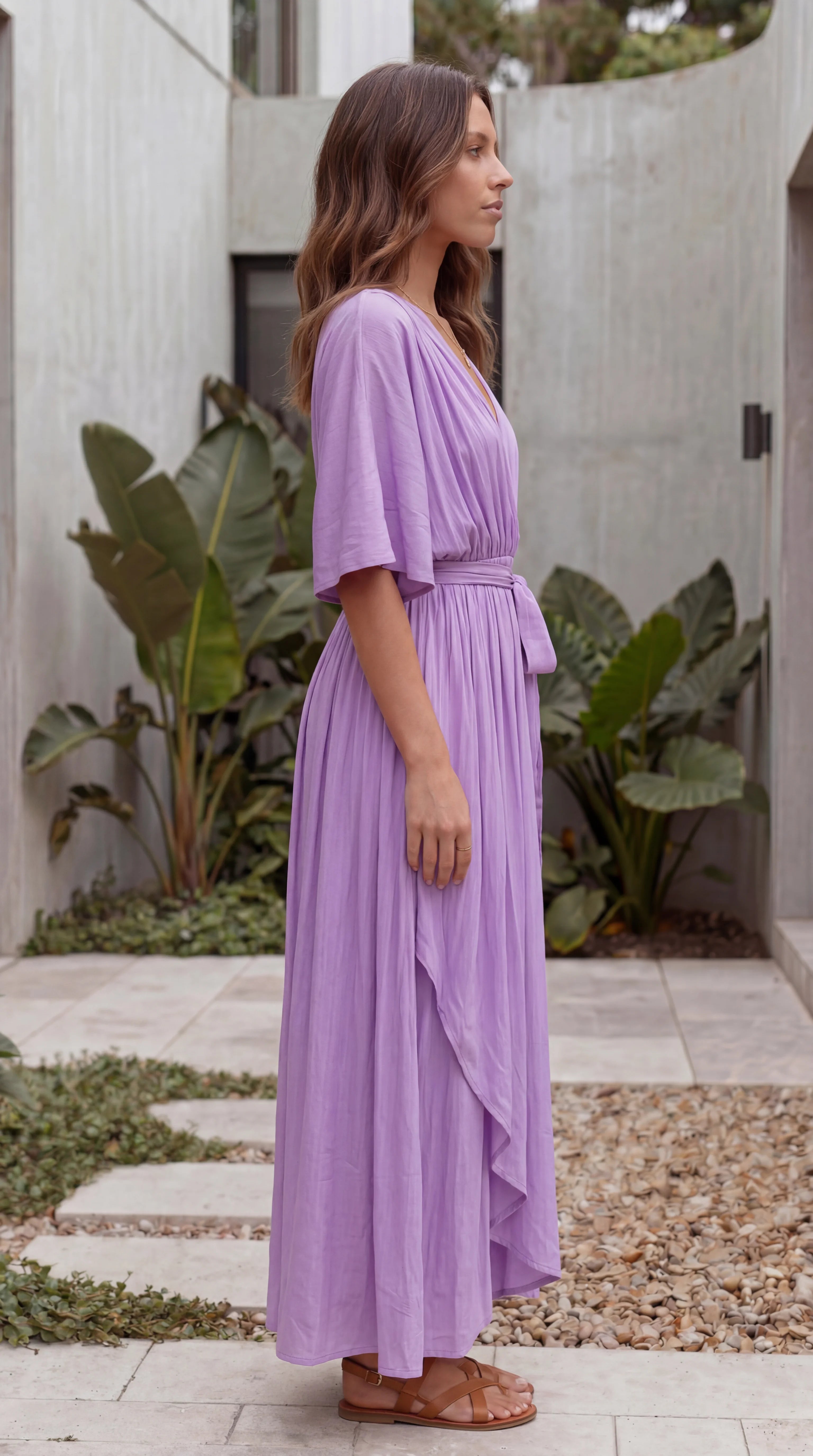 Women’s Flutter Sleeve V Neck Belted A Line Hi-Lo Midi Dress