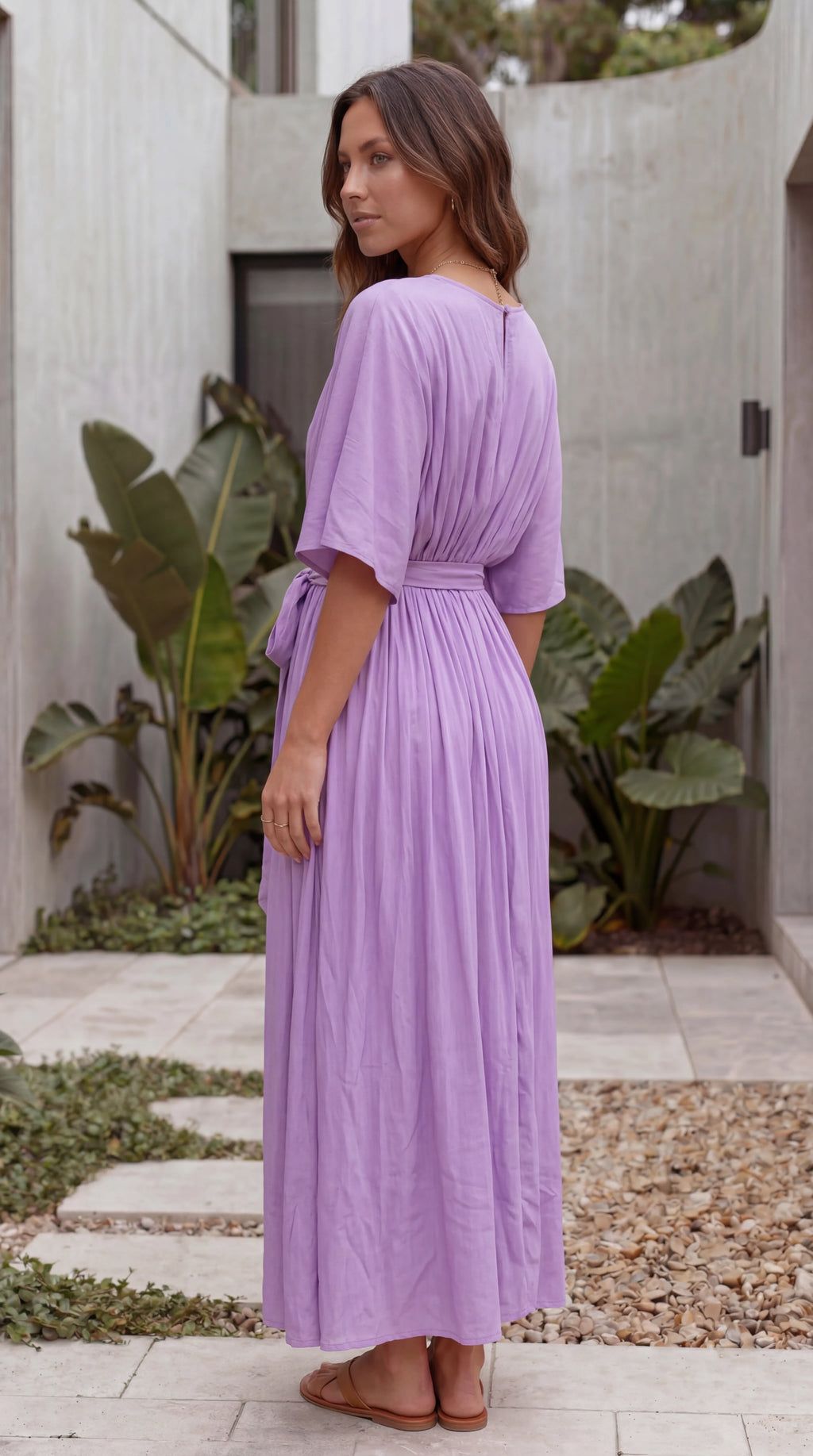 Women’s Flutter Sleeve V Neck Belted A Line Hi-Lo Midi Dress