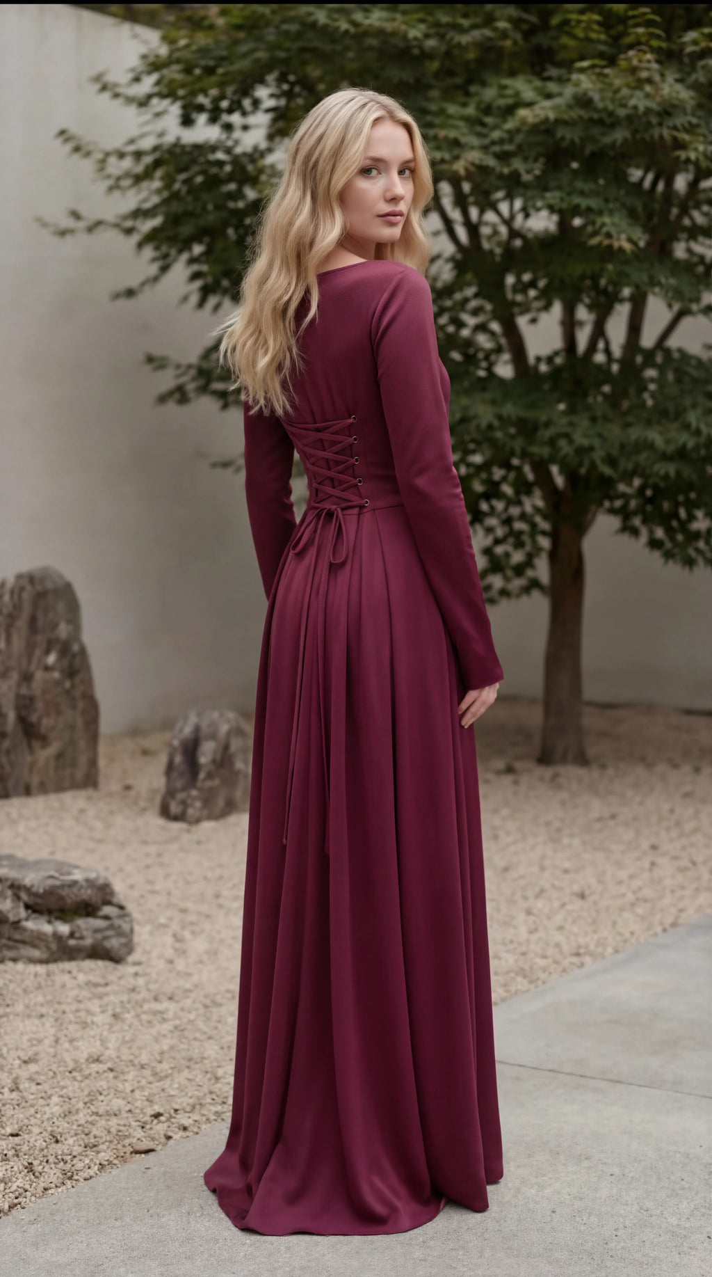Women's Boat Neck Long Sleeve Satin Bias Cut Maxi Dress