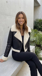 Women's Cropped Faux Leather Sherpa Lined Aviator Jacket