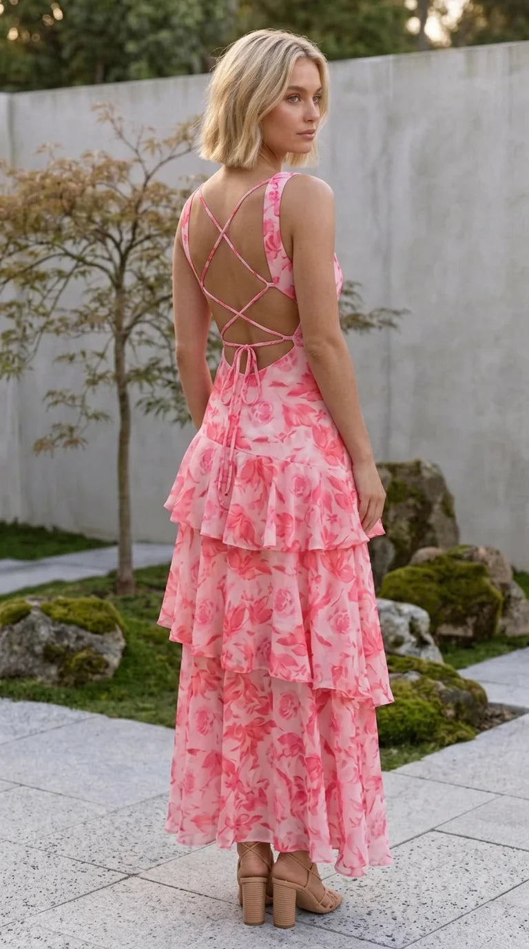Women’s Deep V Neck Tiered Floral Print Maxi Dress