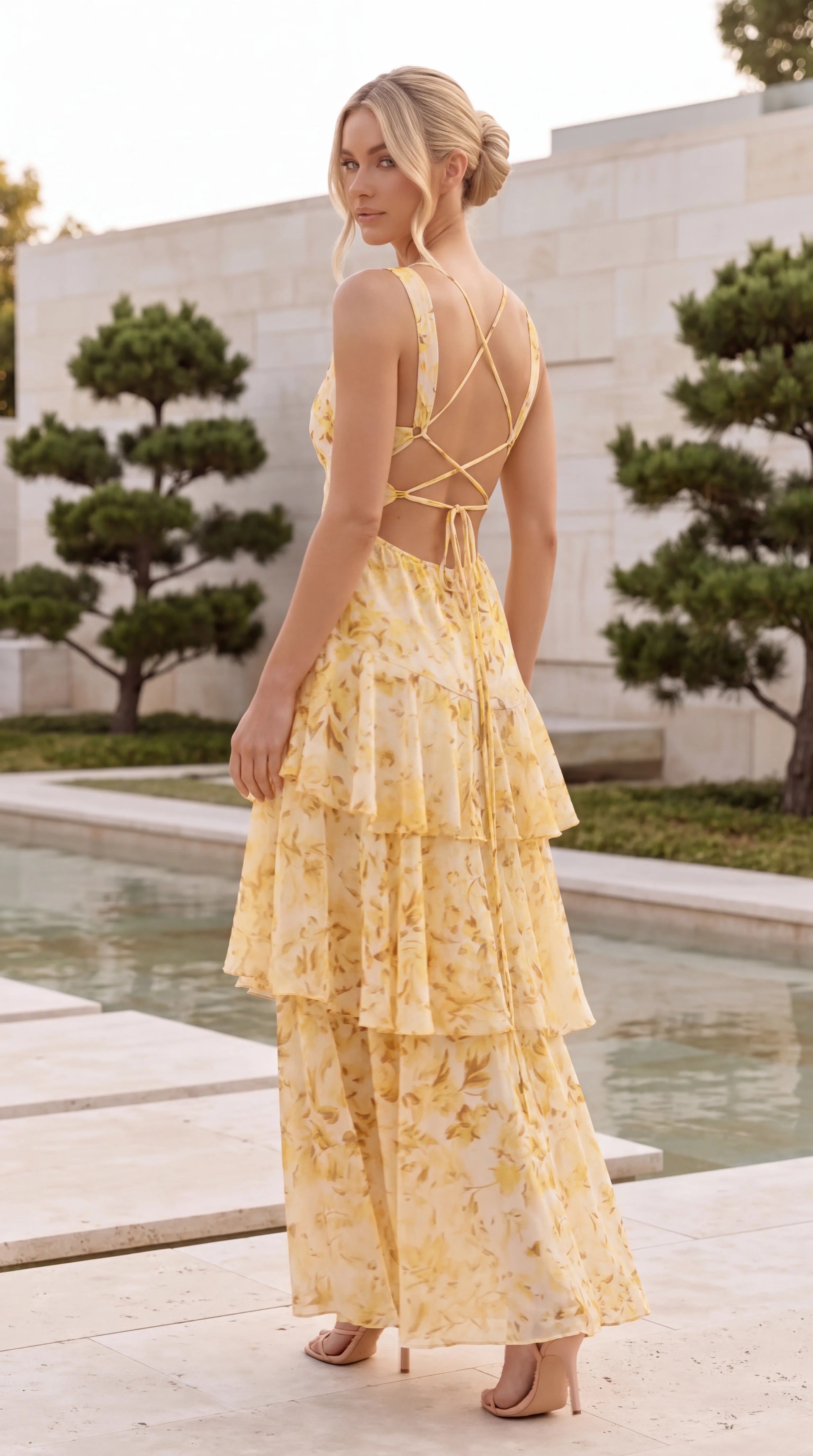 Women’s Deep V Neck Tiered Floral Print Maxi Dress