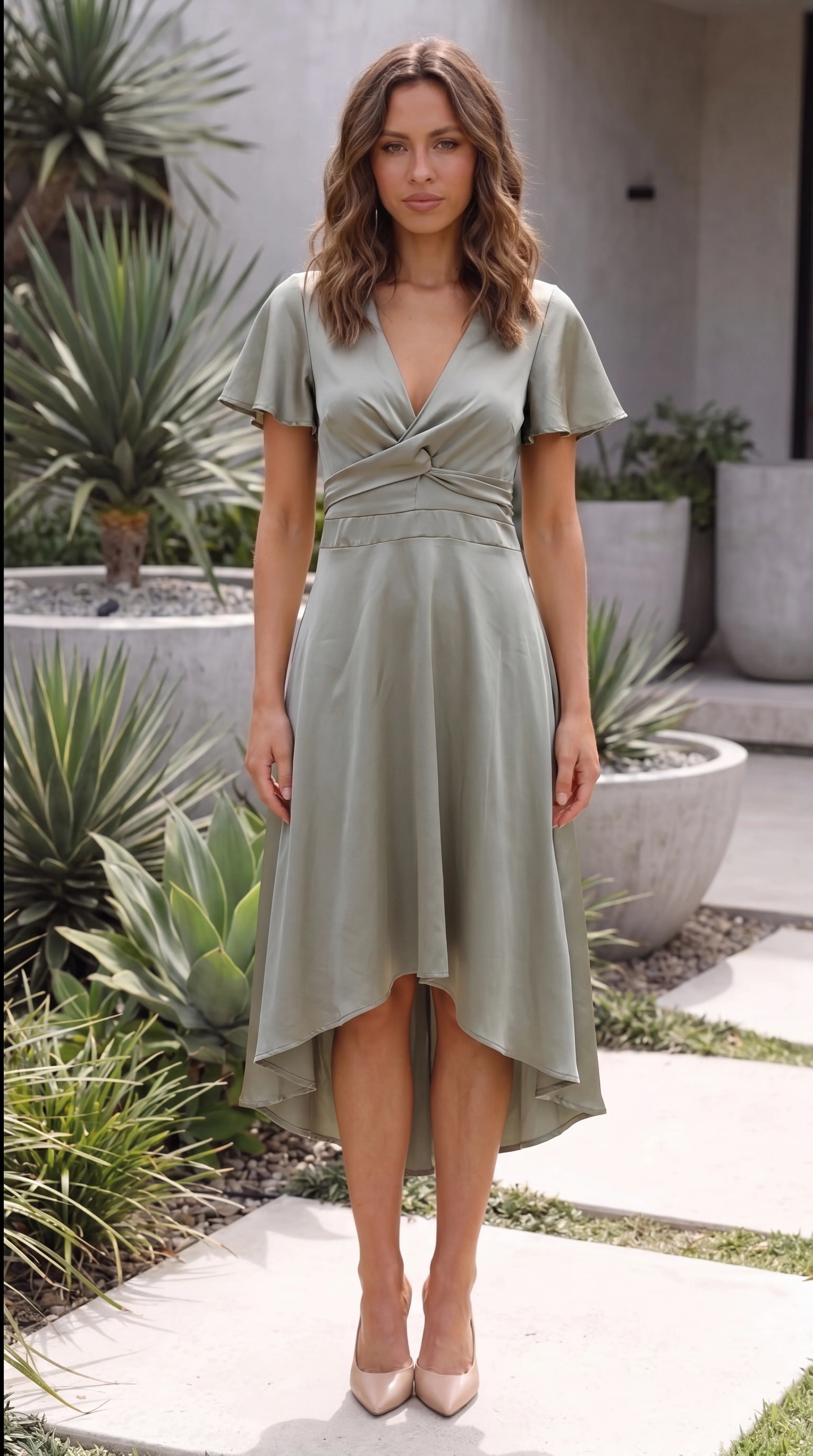 Women's V Neck Twist Front Hi-Lo Midi Dress