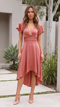 Women's V Neck Twist Front Hi-Lo Midi Dress