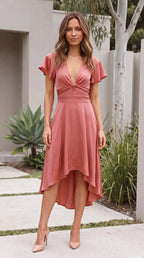 Women's V Neck Twist Front Hi-Lo Midi Dress
