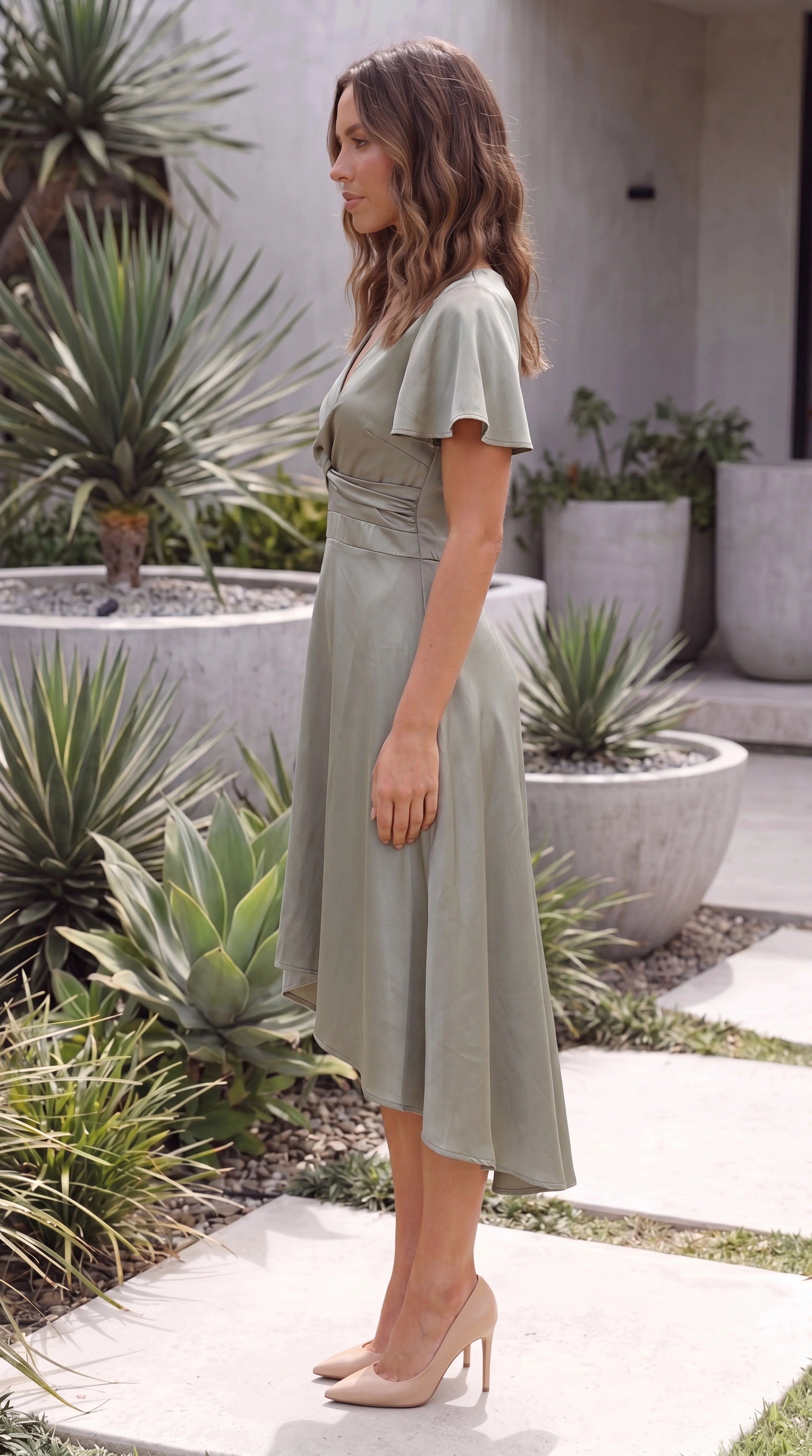Women's V Neck Twist Front Hi-Lo Midi Dress