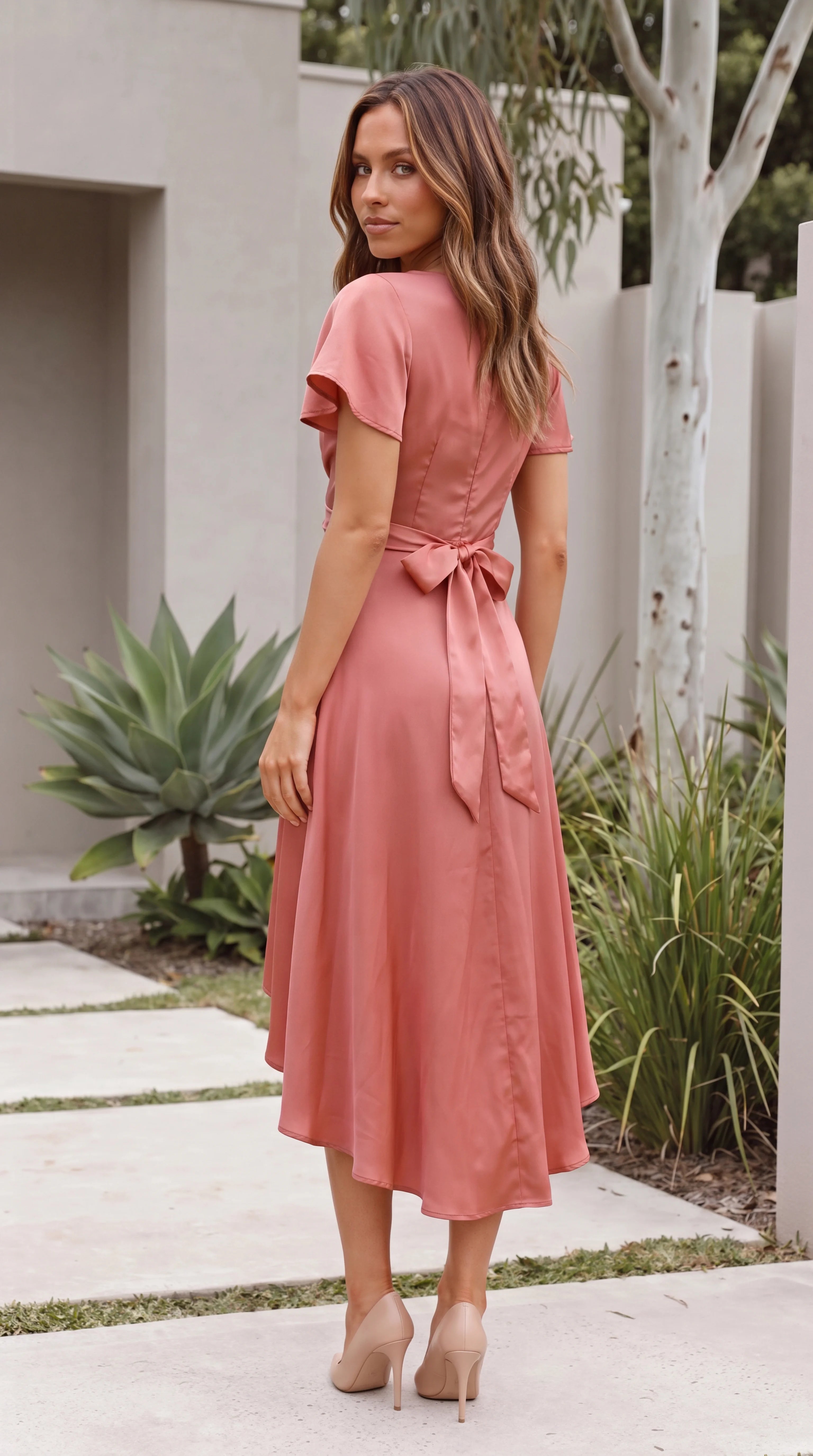 Women's V Neck Twist Front Hi-Lo Midi Dress