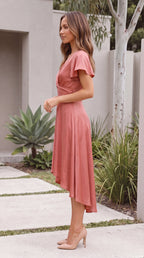 Women's V Neck Twist Front Hi-Lo Midi Dress