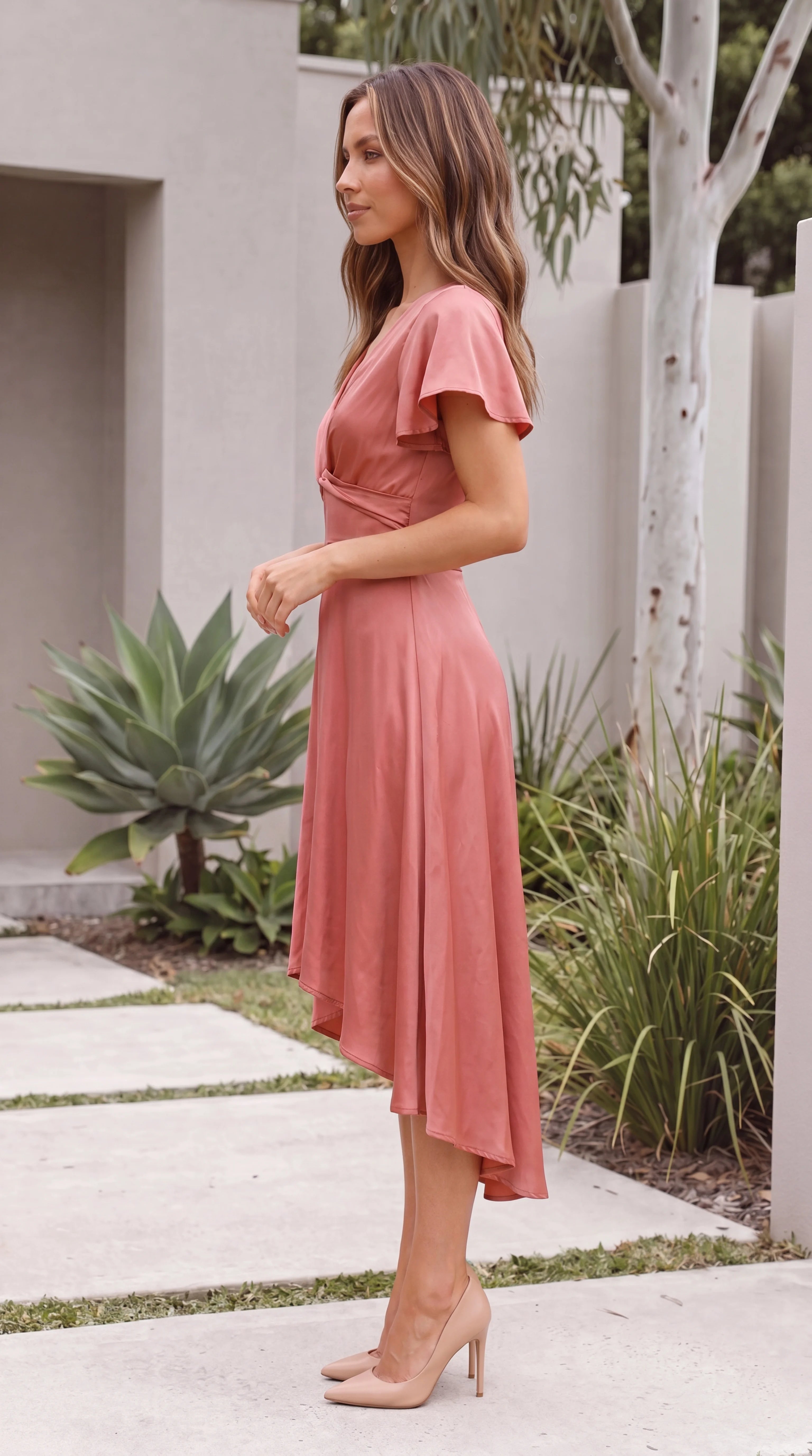 Women's V Neck Twist Front Hi-Lo Midi Dress