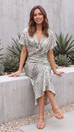 Women’s V Neck Short Sleeve Twist Front Animal Print Maxi Dress