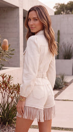 Women's Belted Button-Up Long Sleeve Mini Dress with Fringe Hem