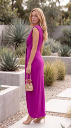 Women’s Sleeveless Plunge Front Ruched Maxi Cocktail Dress with Side Split