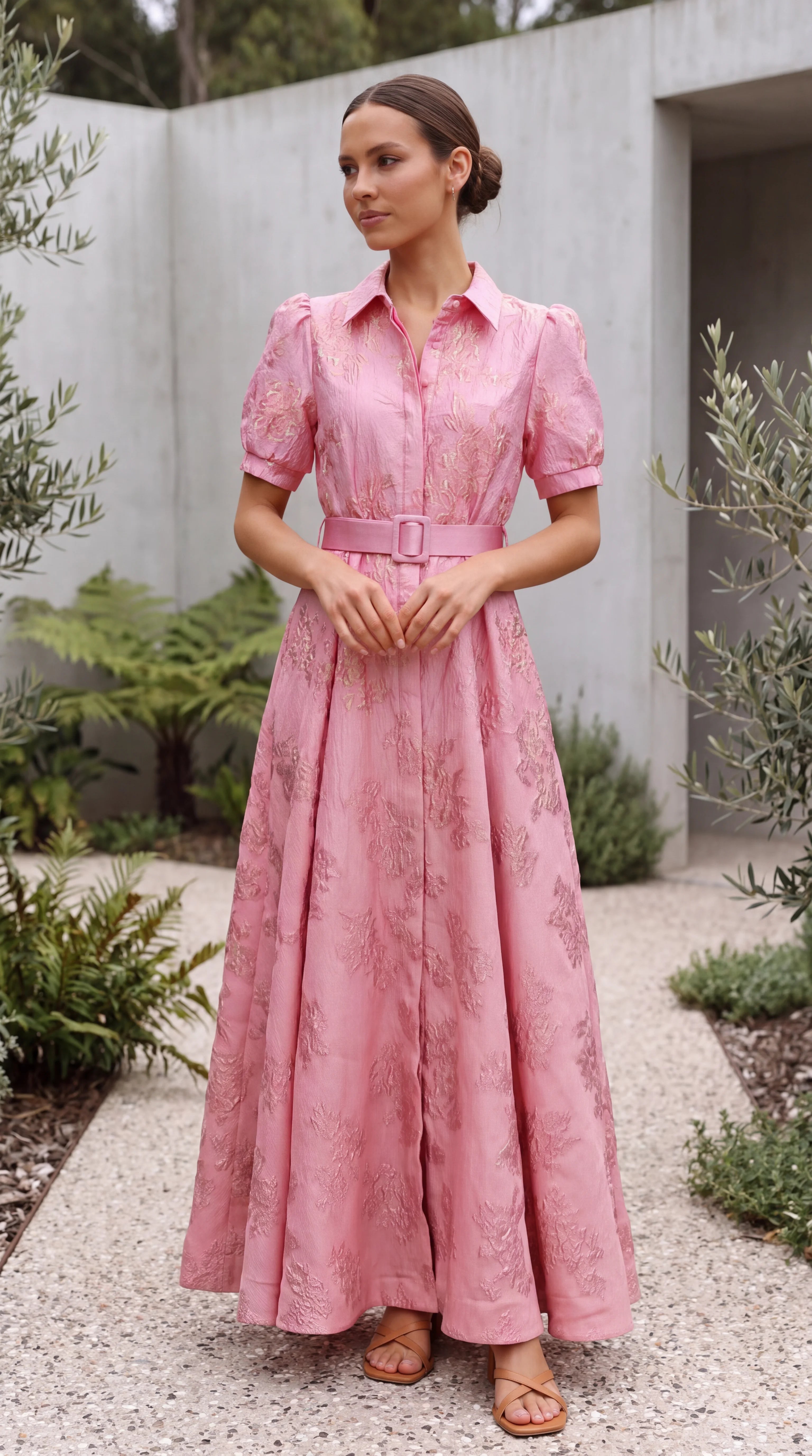 Women’s Collared Short Puff Sleeve Belted A Line Maxi Dress