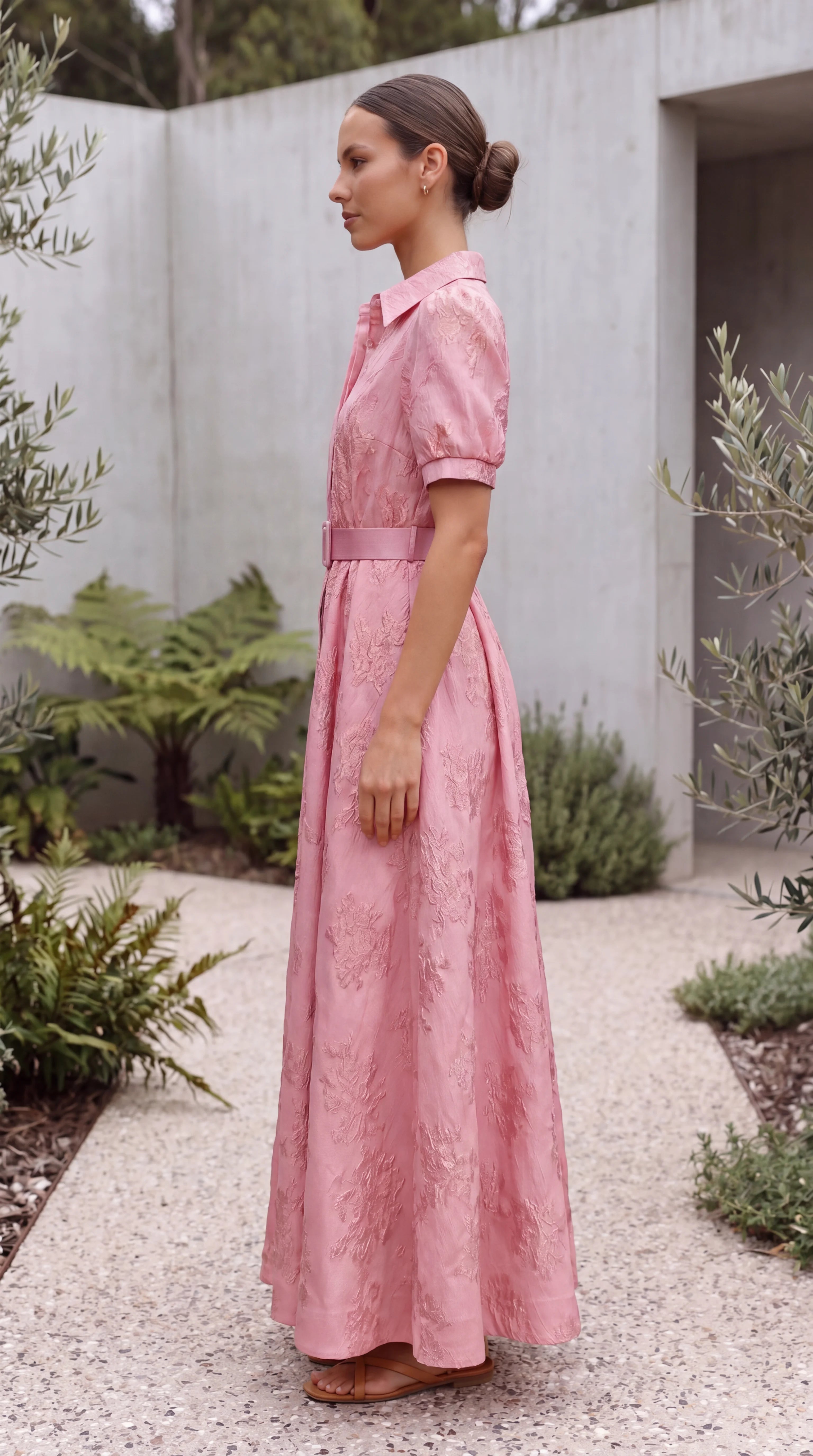 Women’s Collared Short Puff Sleeve Belted A Line Maxi Dress