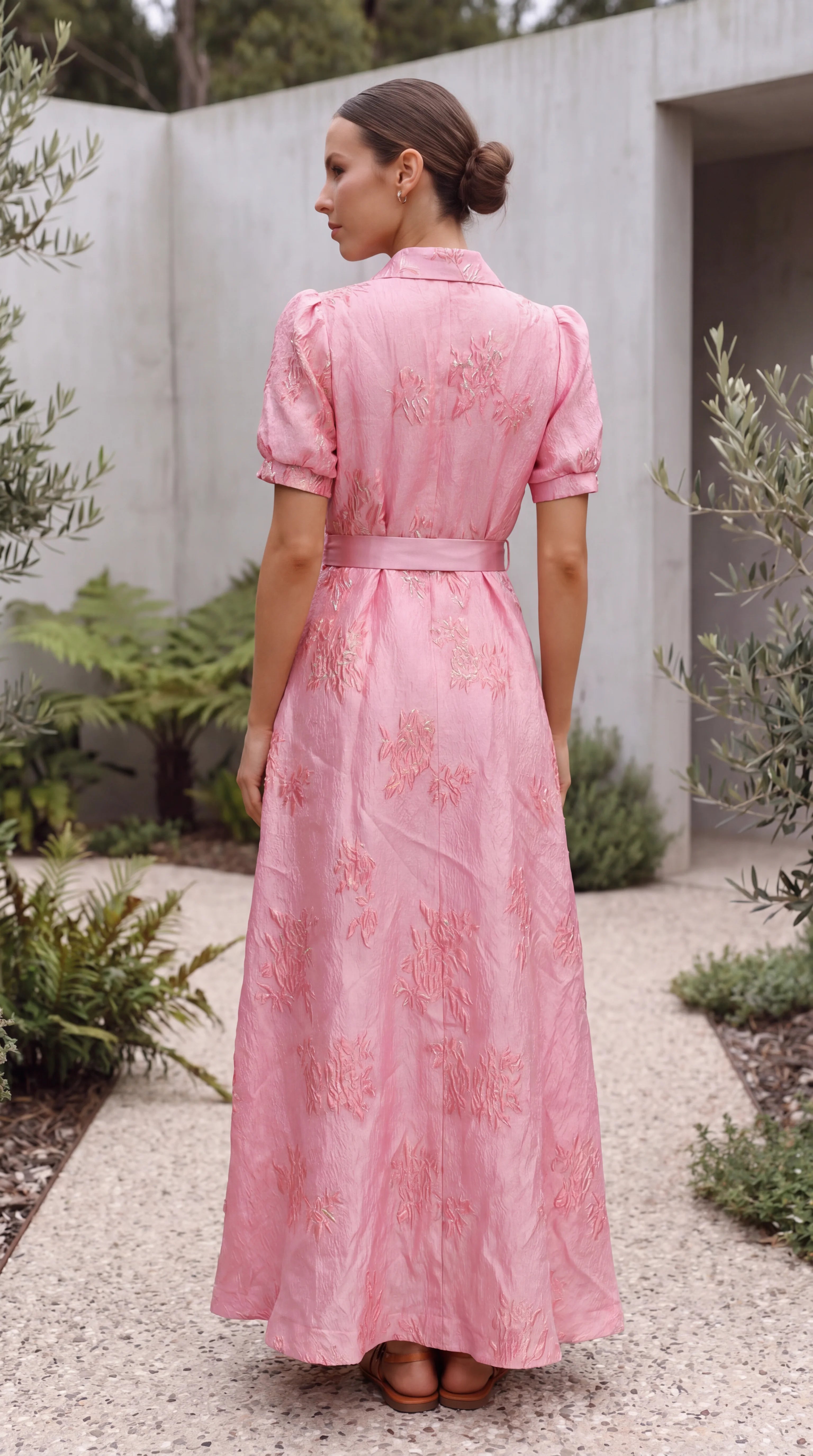 Women’s Collared Short Puff Sleeve Belted A Line Maxi Dress