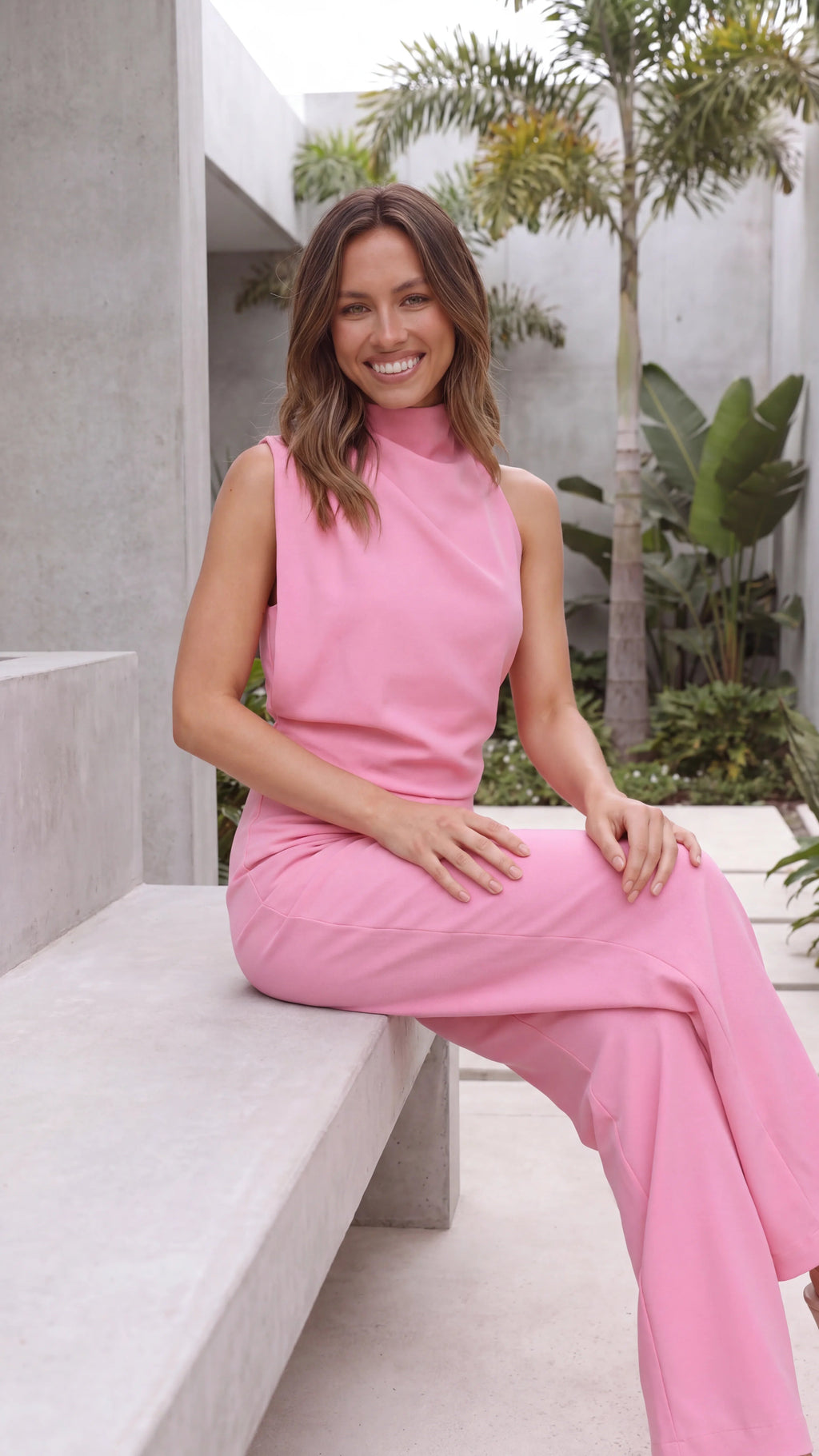 Women's High Neck Sleeveless Draped Wide Leg Jumpsuit