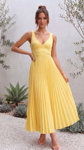 Women's V Neck Sleeveless Pleated Wedding Guest Maxi Dress