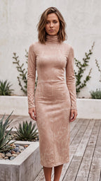 Women’s Suede Look Bodycon Midi Dress With High Neck