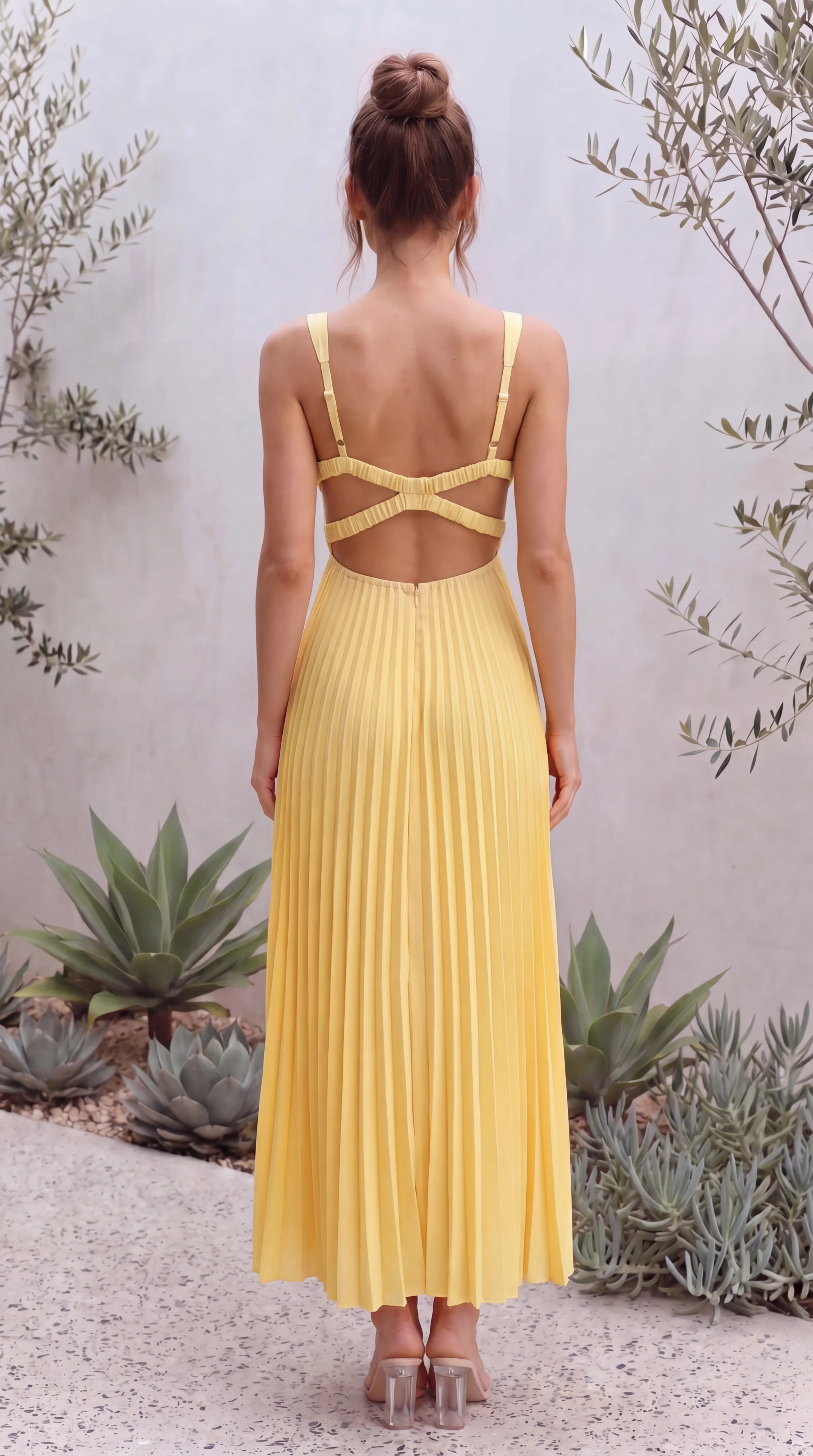 Women's V Neck Sleeveless Pleated Wedding Guest Maxi Dress