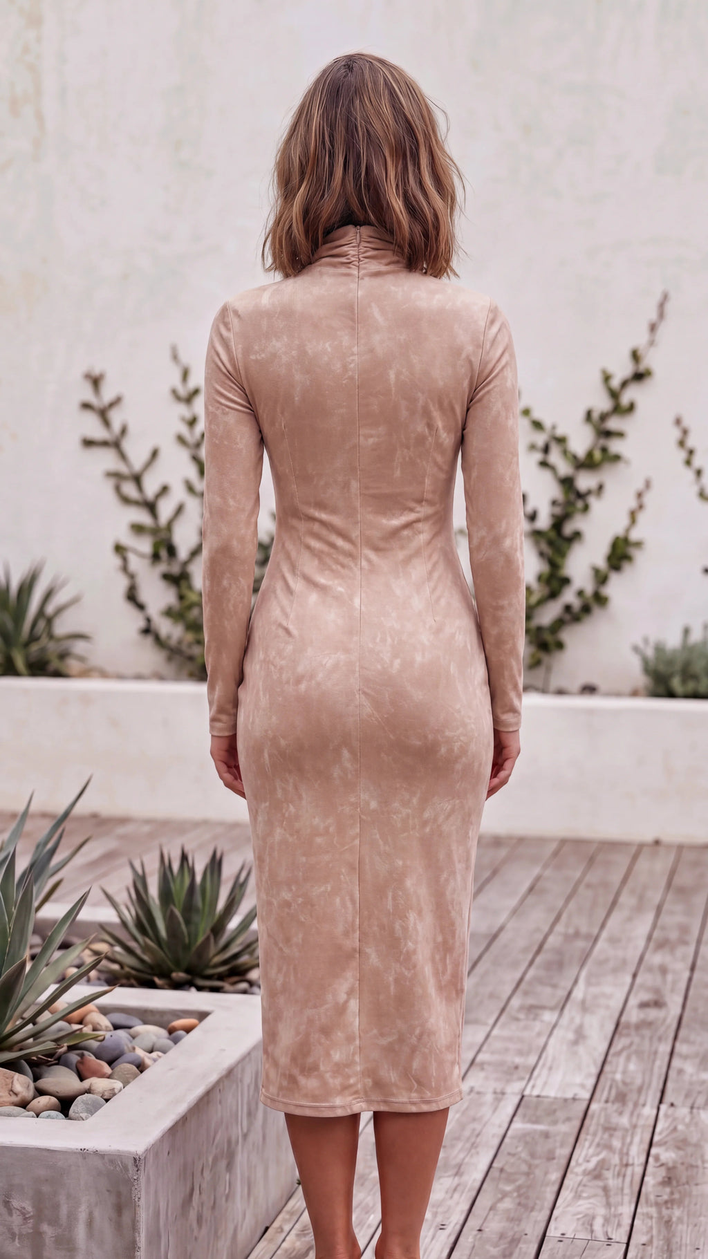 Women’s Suede Look Bodycon Midi Dress With High Neck