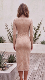 Women’s Suede Look Bodycon Midi Dress With High Neck