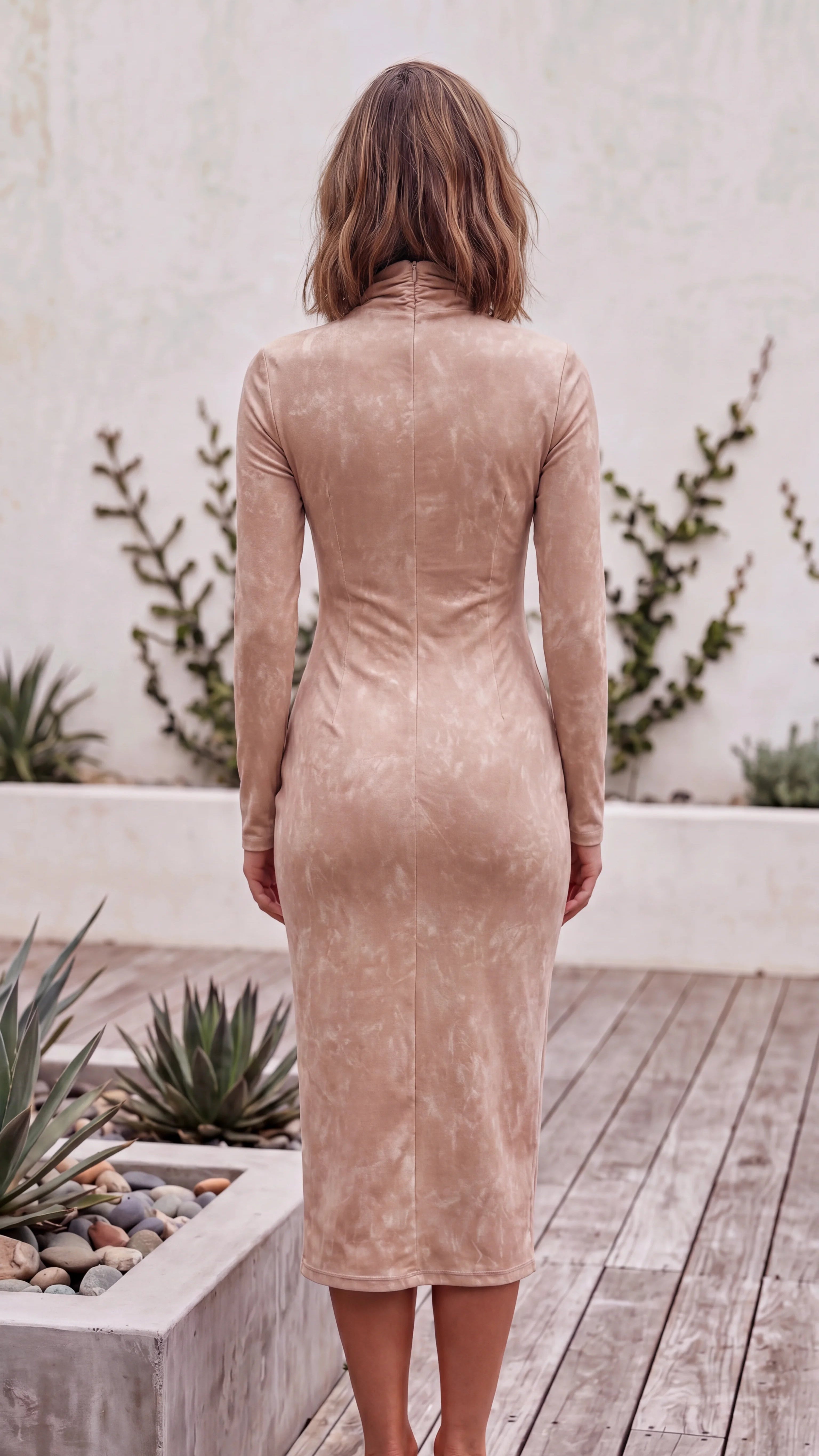 Women’s Suede Look Bodycon Midi Dress With High Neck