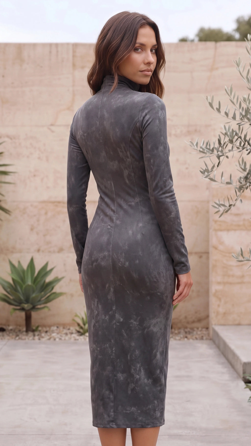 Women’s Suede Look Bodycon Midi Dress With High Neck