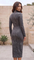 Women’s Suede Look Bodycon Midi Dress With High Neck