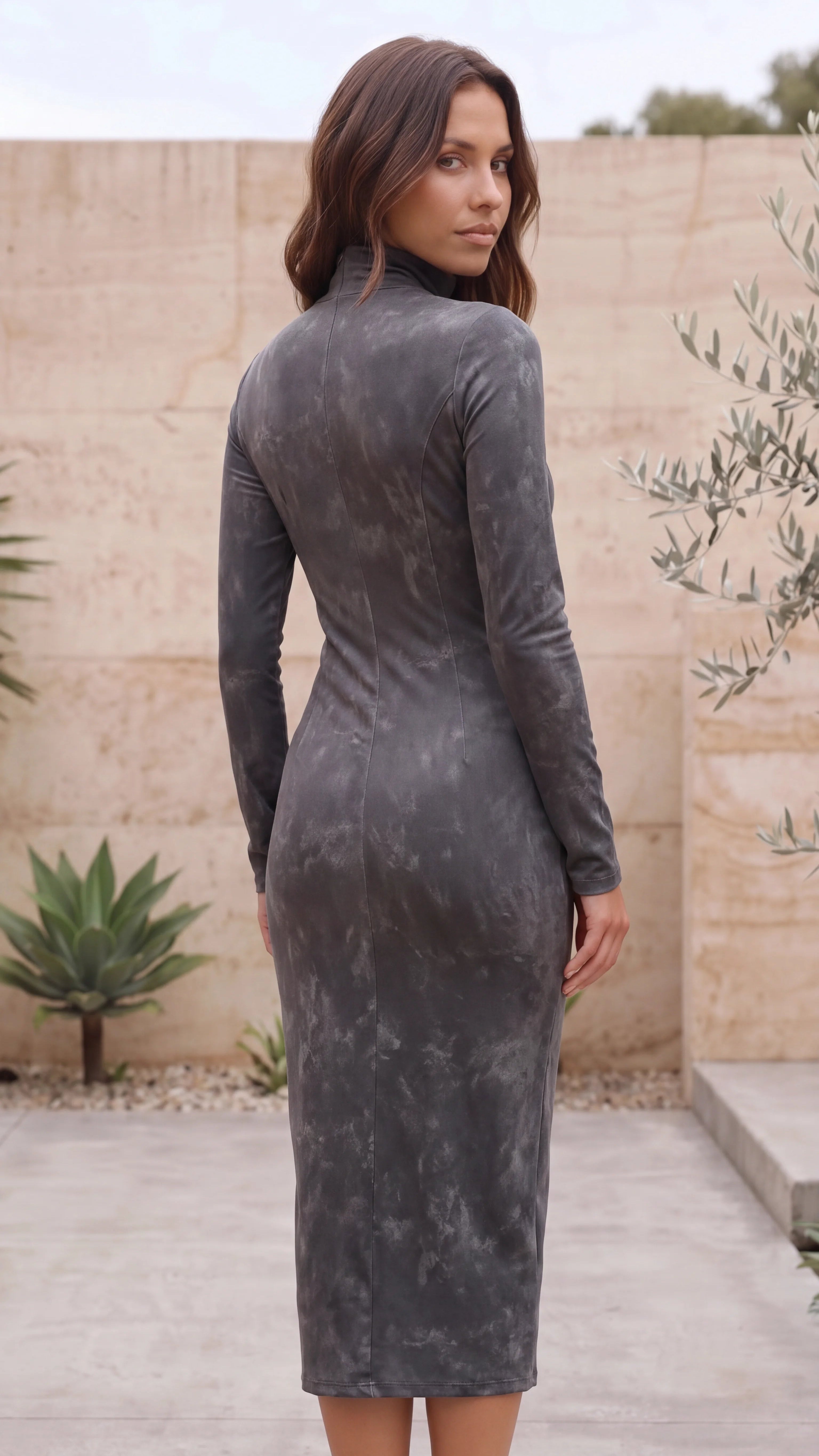 Women’s Suede Look Bodycon Midi Dress With High Neck