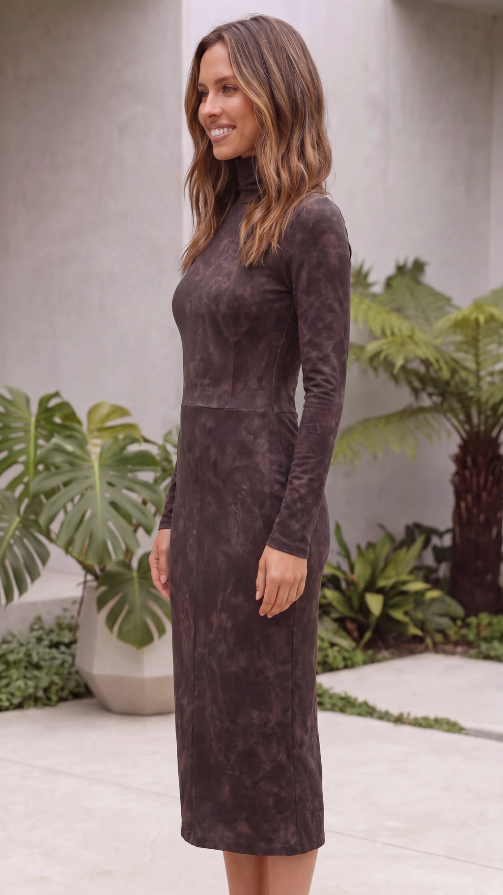 Women’s Suede Look Bodycon Midi Dress With High Neck