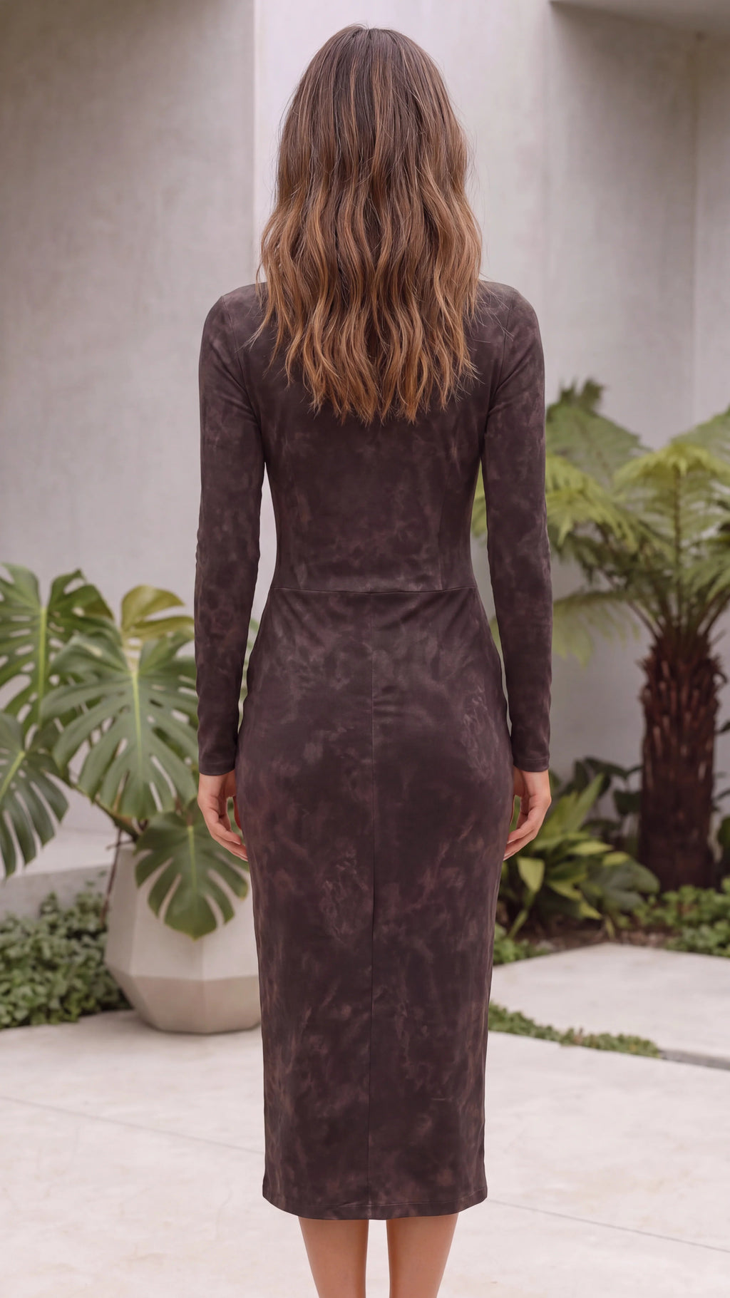 Women’s Suede Look Bodycon Midi Dress With High Neck