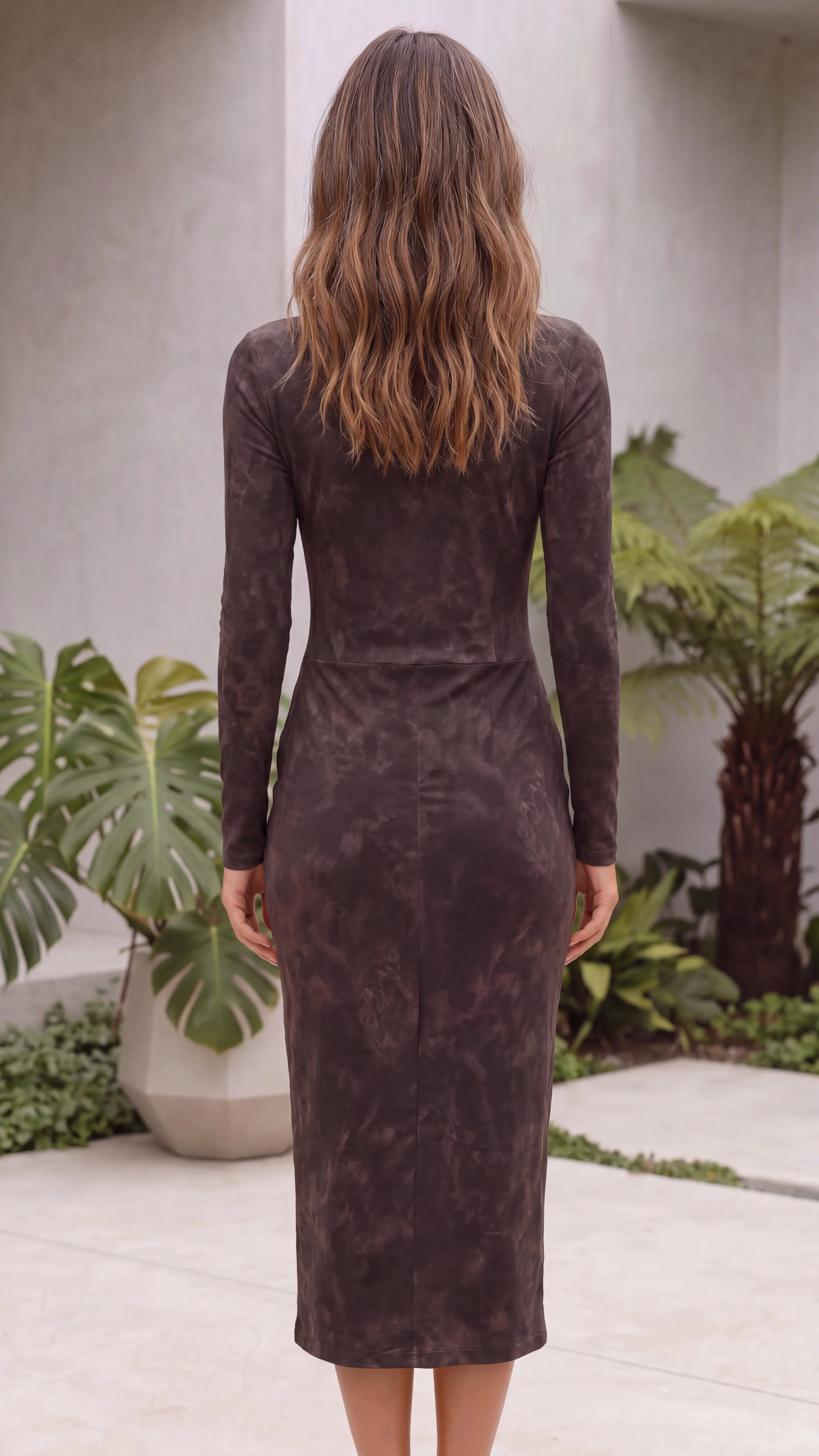 Women’s Suede Look Bodycon Midi Dress With High Neck