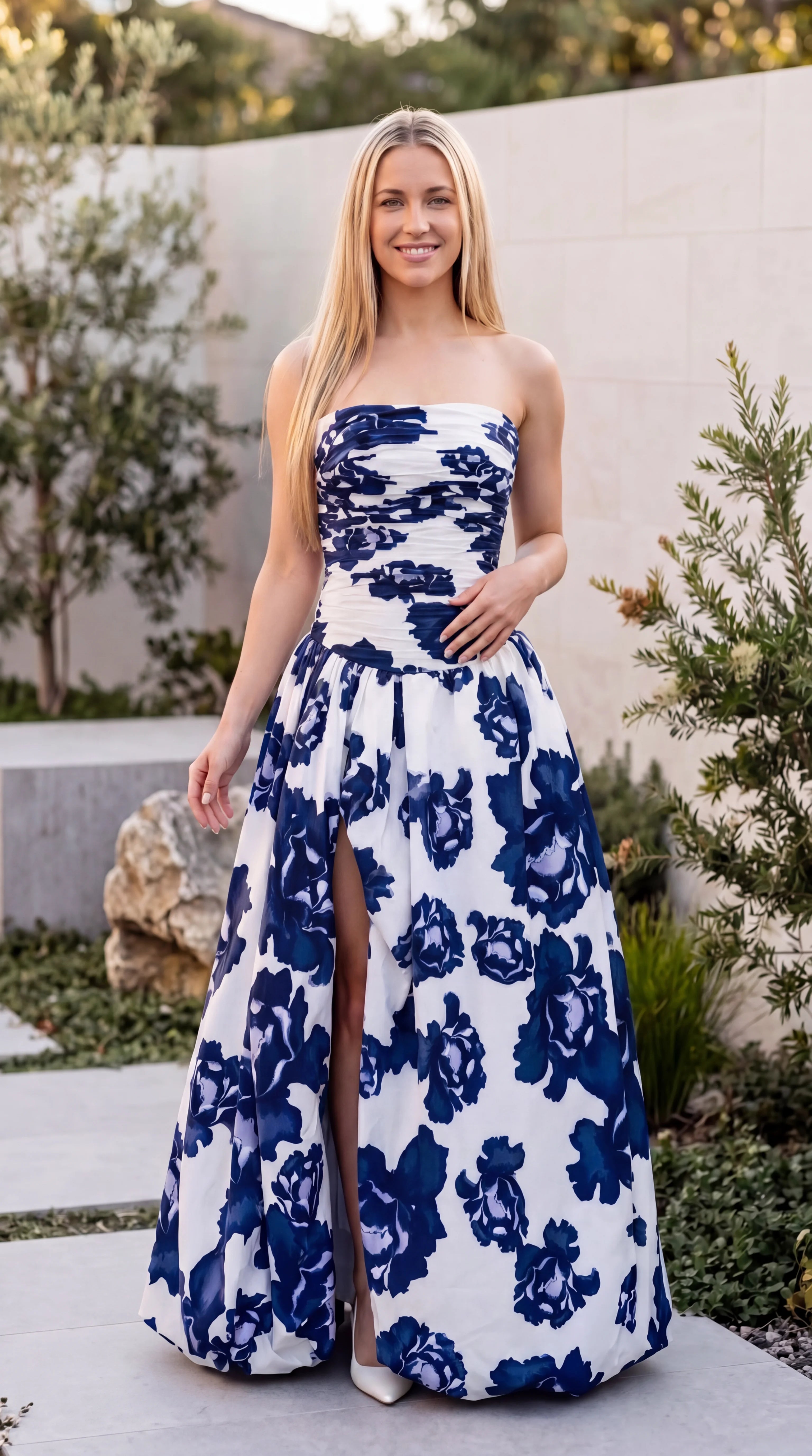Women’s Strapless Floral Print Side Split Maxi Dress