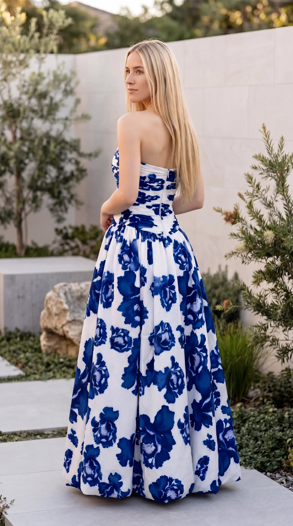 Women’s Strapless Floral Print Side Split Maxi Dress